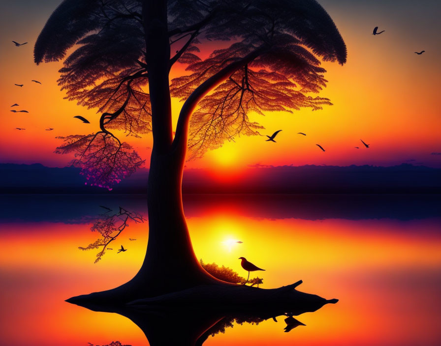 Serene sunset with silhouetted birds and tree reflection