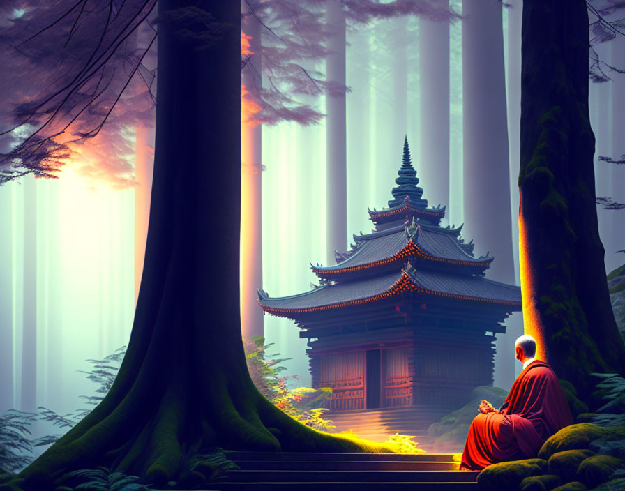 Monk meditating near Asian pagoda in serene forest landscape