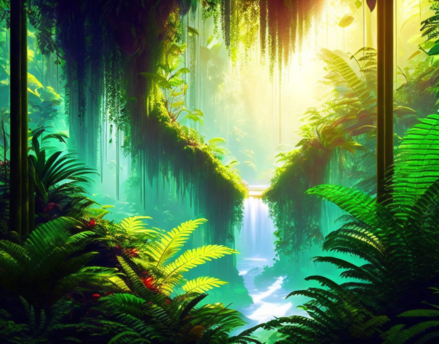 Lush Jungle with Sunlit Waterfall and Green Foliage