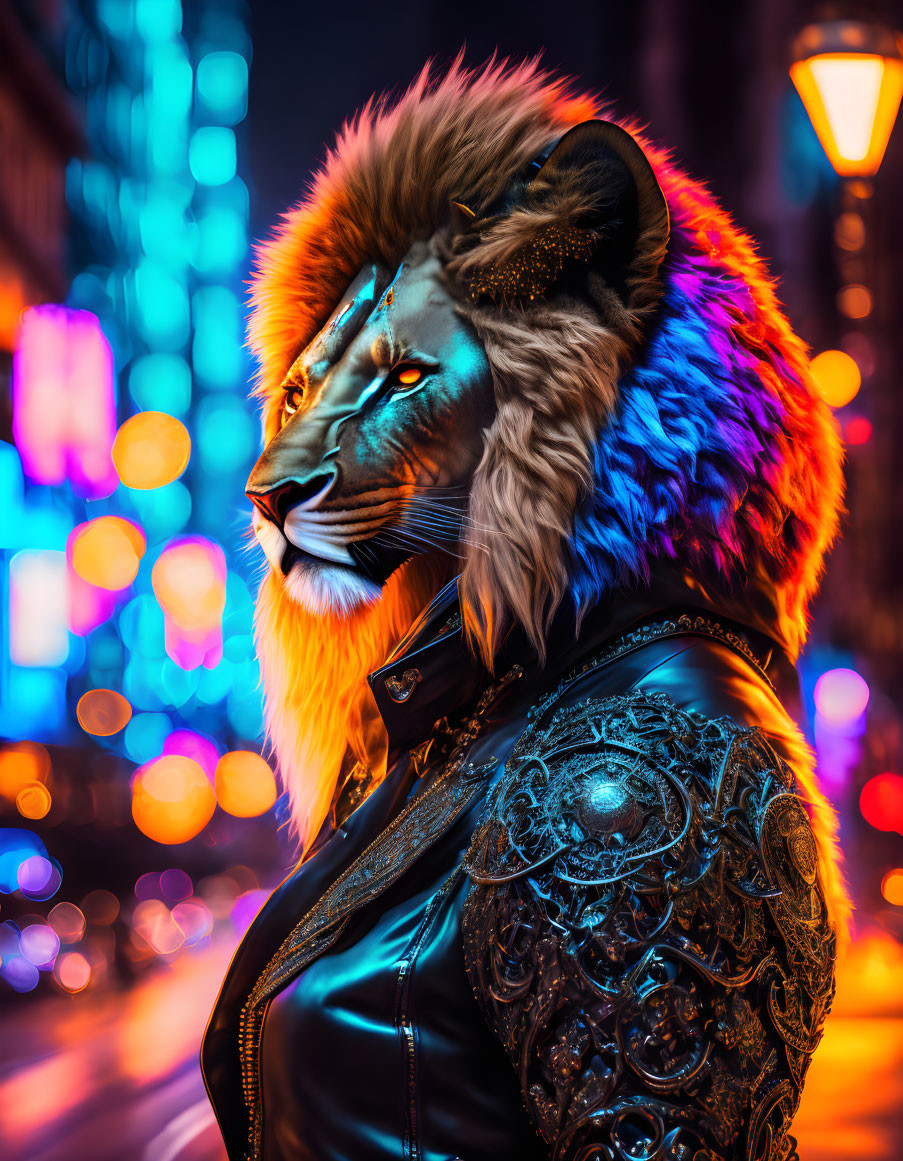 Person in lion head mask in neon-lit urban setting with embroidered leather jacket