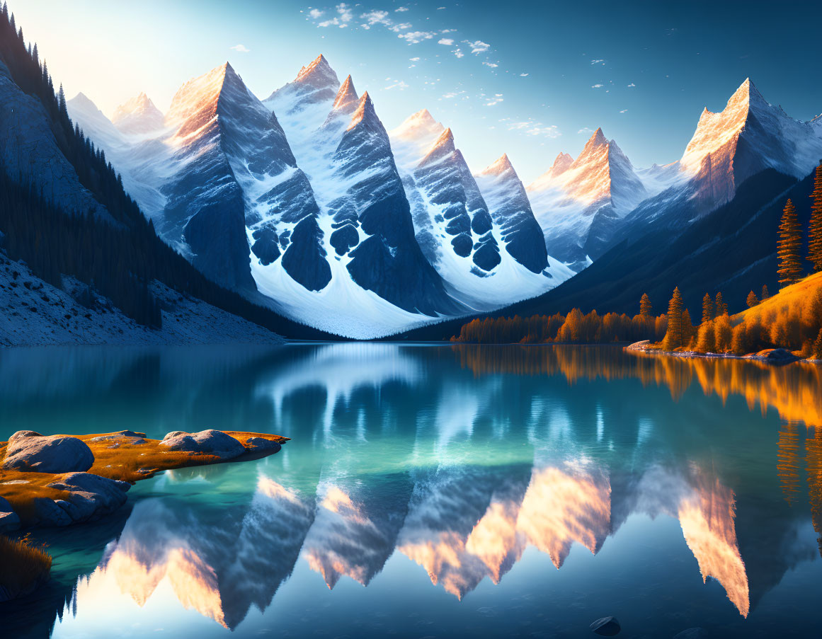 Snow-capped mountains reflected in serene alpine lake amid golden forest