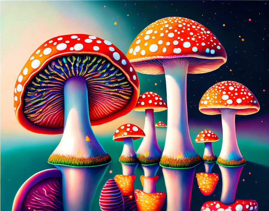 Colorful Stylized Mushroom Illustration on Starry Background