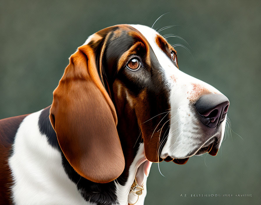 Shiny-coated Basset Hound portrait on dark background