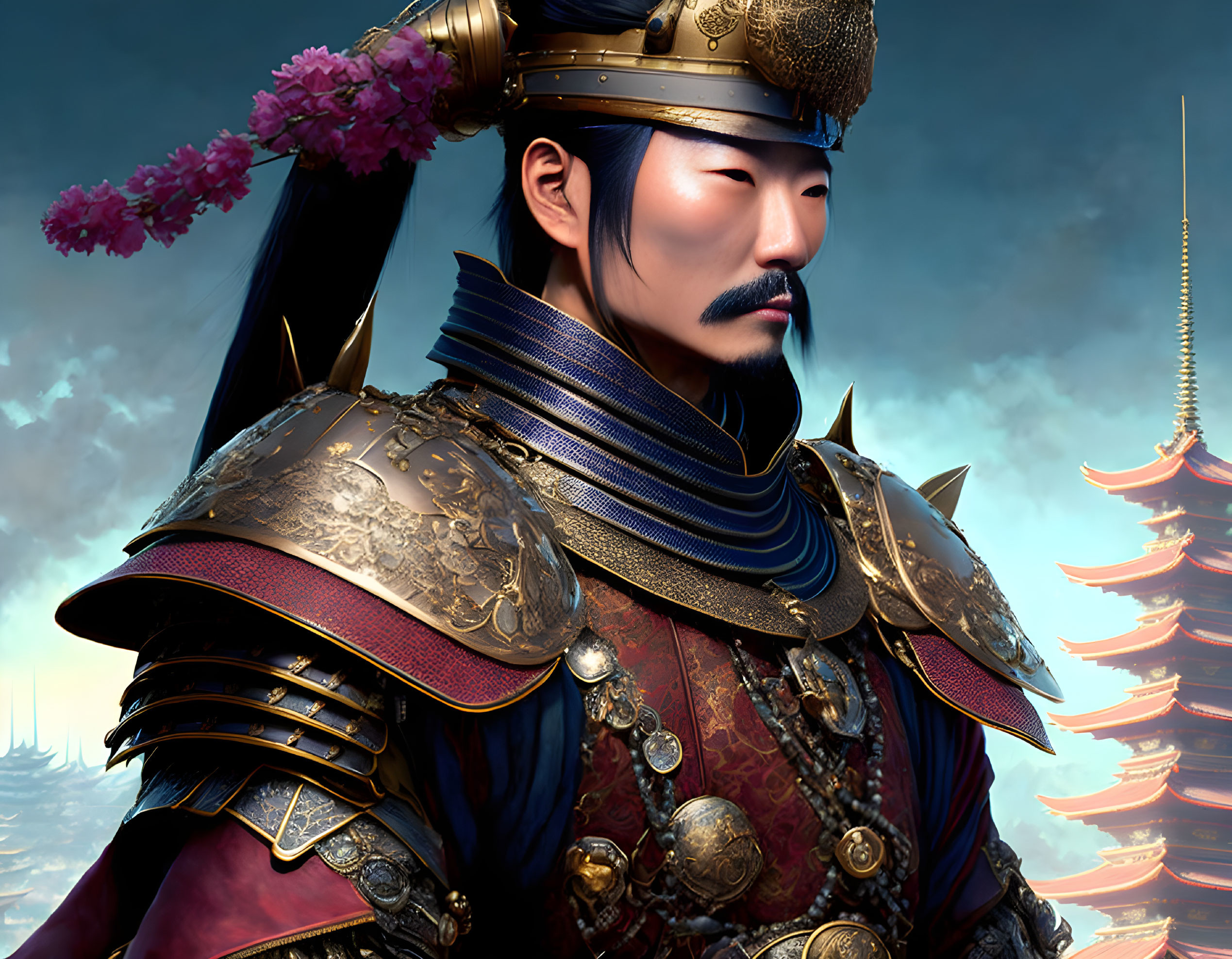 Asian warrior digital artwork: ornate armor, golden designs, stern expression, blossoming sky.