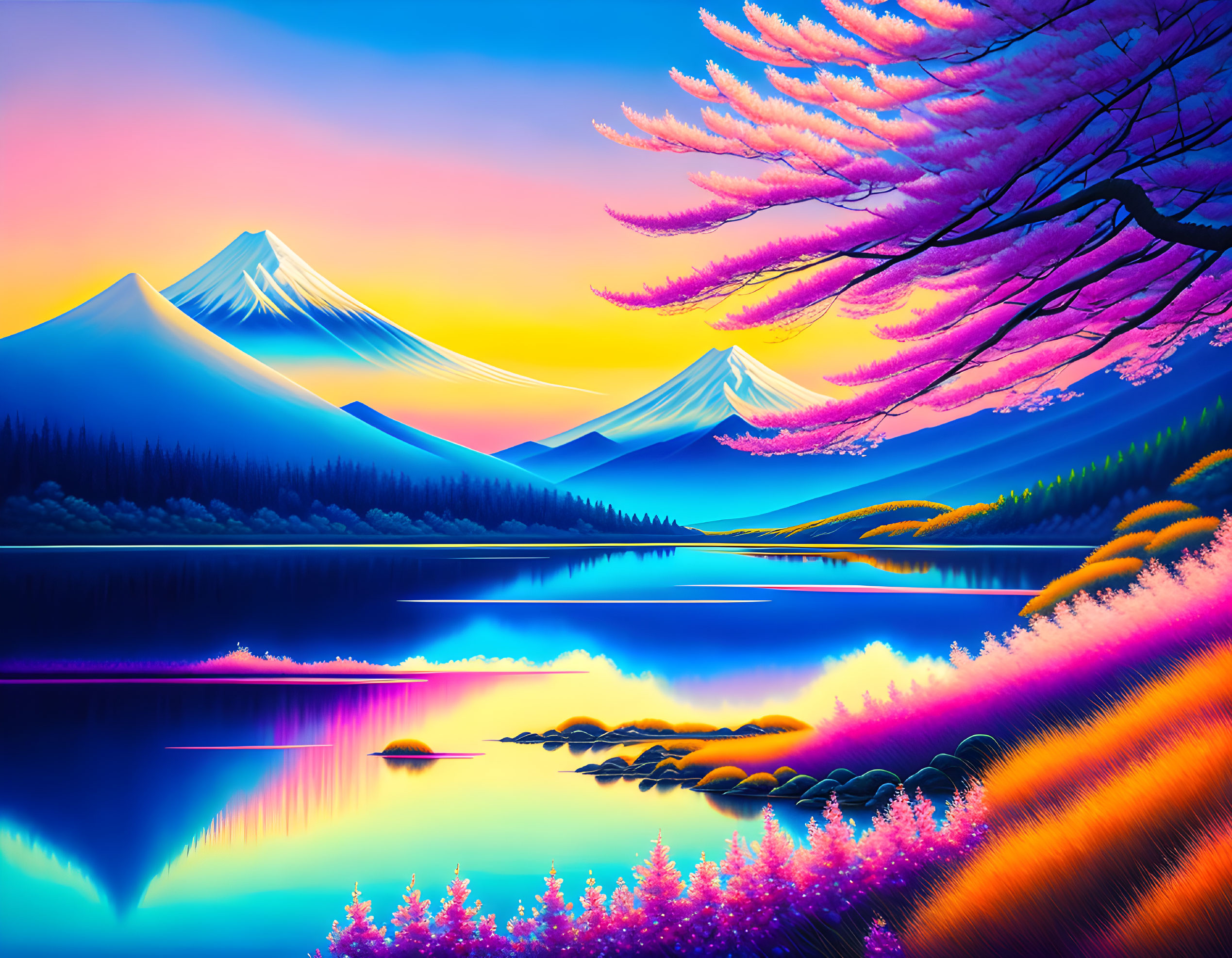 Digital artwork: Serene lake, snow-capped mountains, colorful foliage, pink blossoming tree