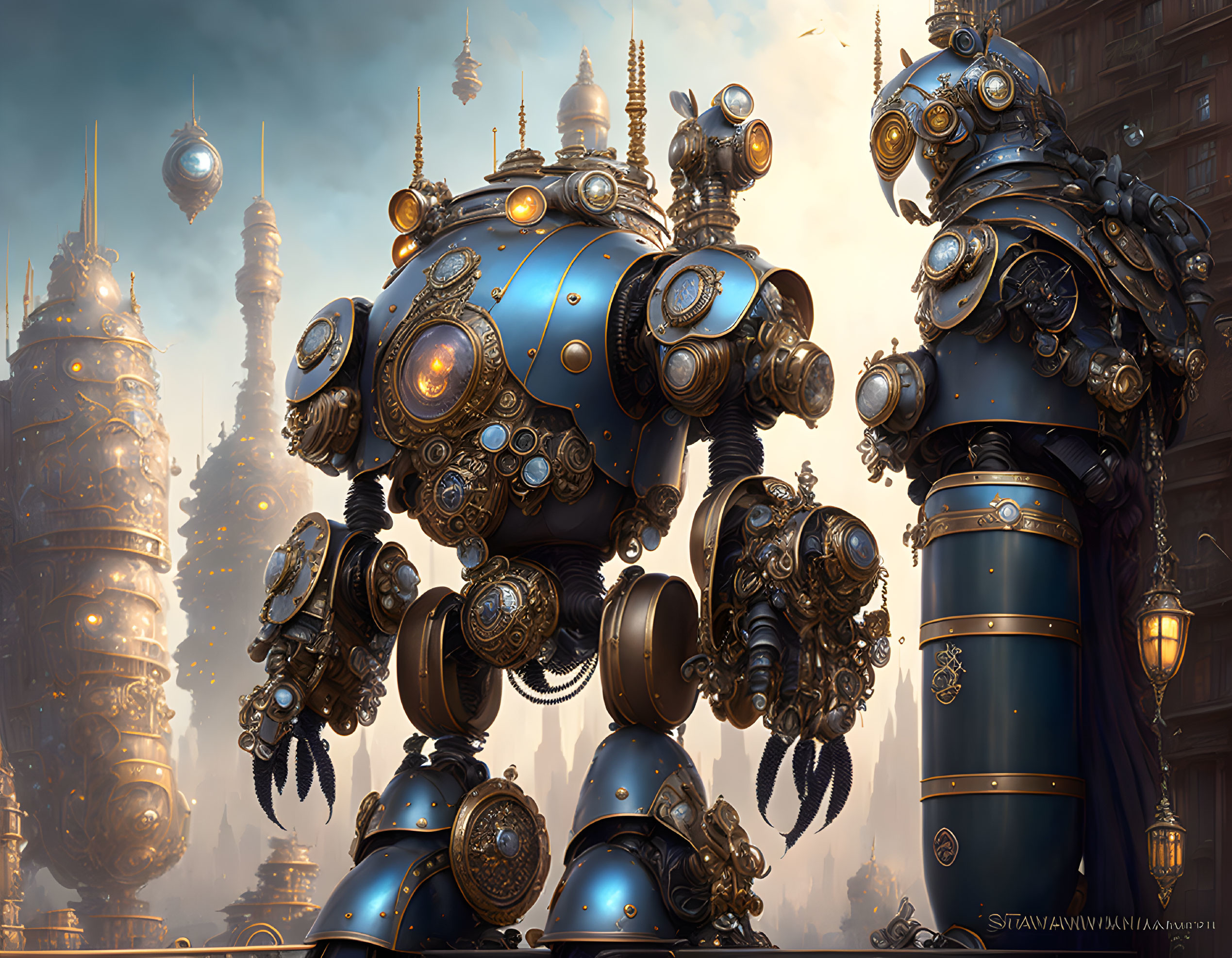 Steampunk robot with brass and blue details in industrial setting