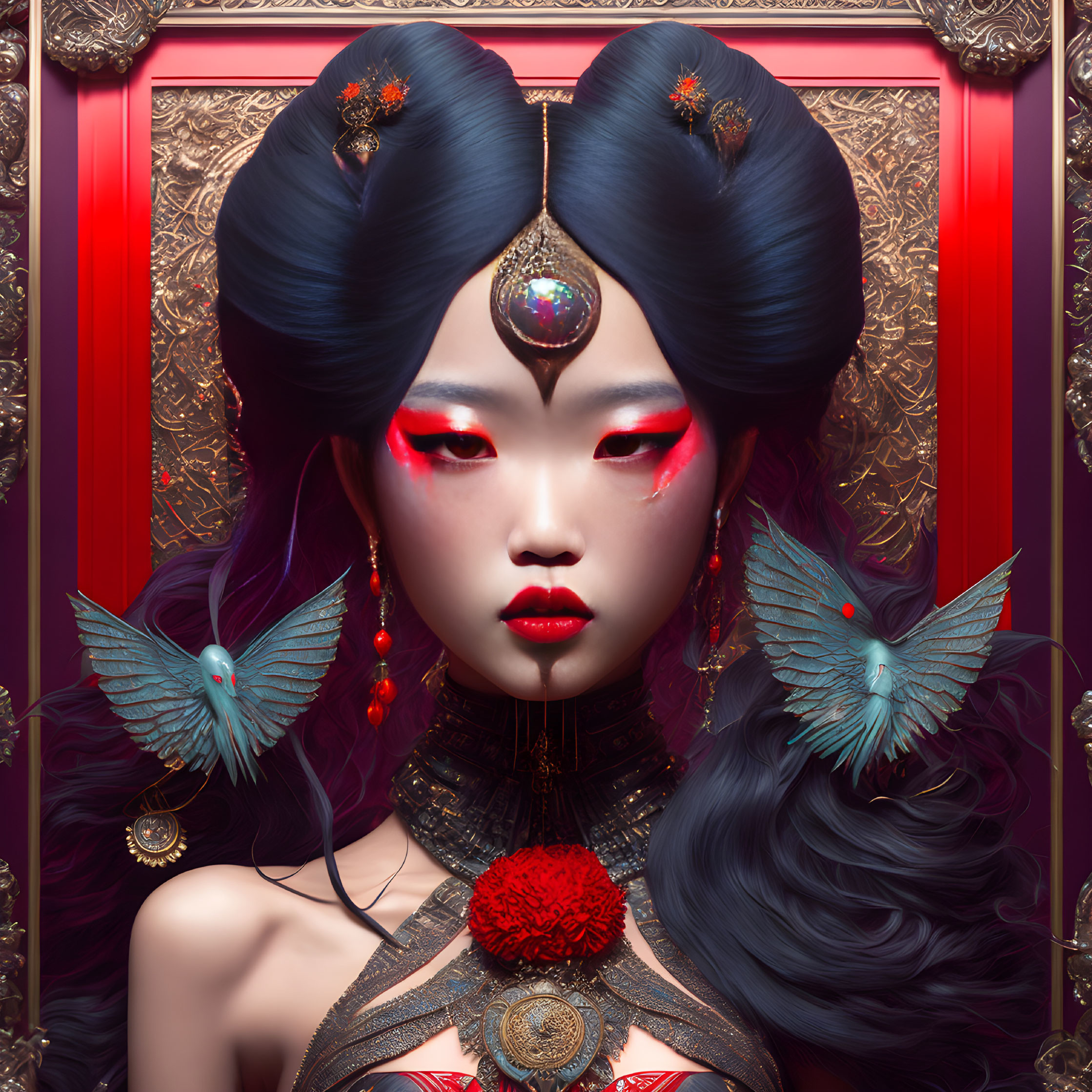 Stylized digital artwork of woman with elaborate hair, red eyes, butterflies, ornate jewelry,