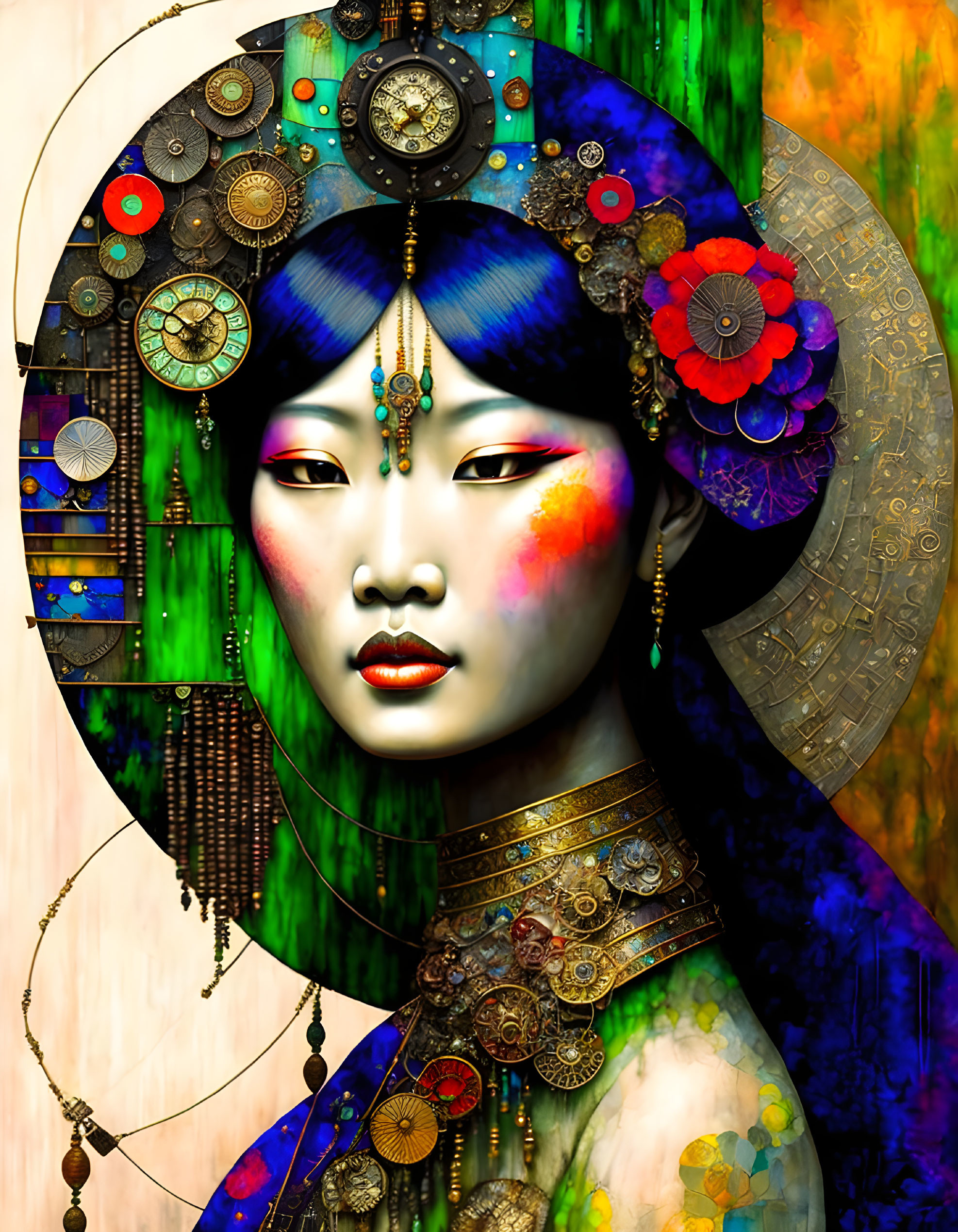 Colorful digital artwork: Woman with ornate halo, floral and mechanical mix, abstract background