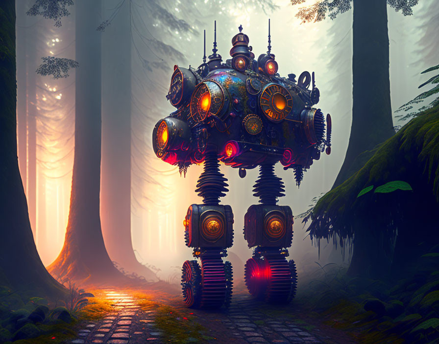 Intricate design robot in misty forest with towering trees