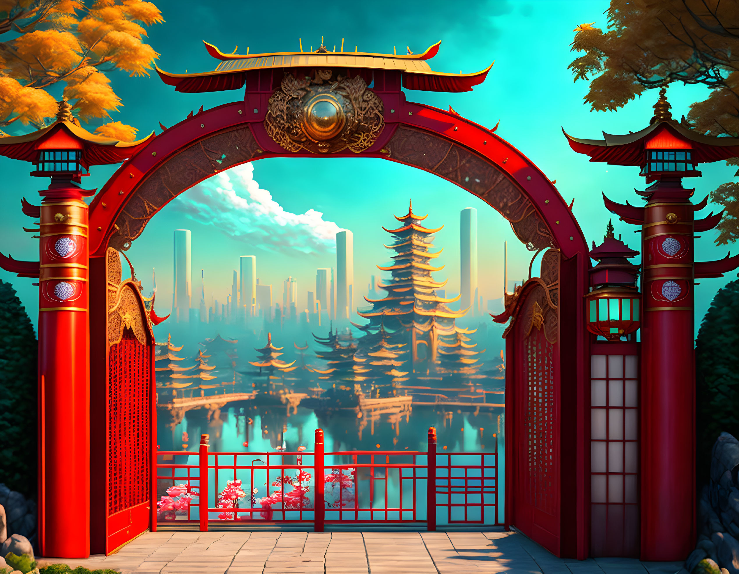 Traditional red Chinese gate and mystical city skyline illustration.