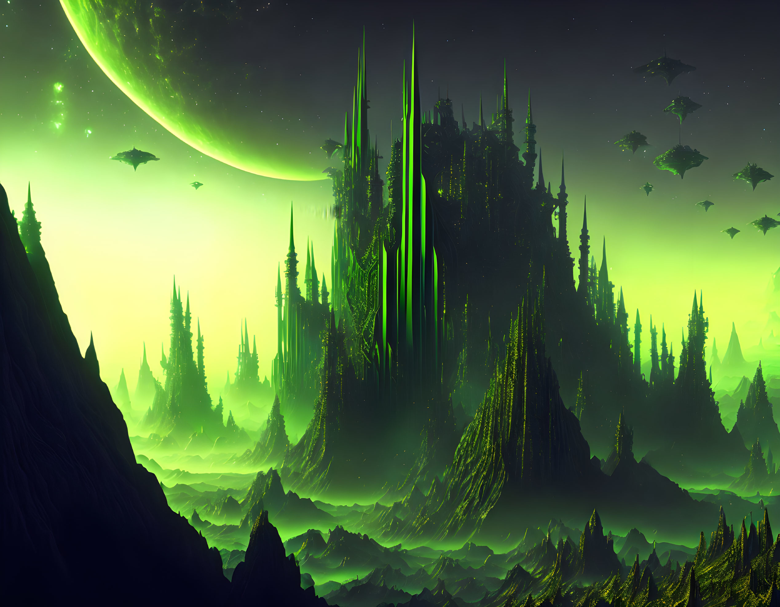 Alien landscape with green spires, hovering crafts, and large planet.