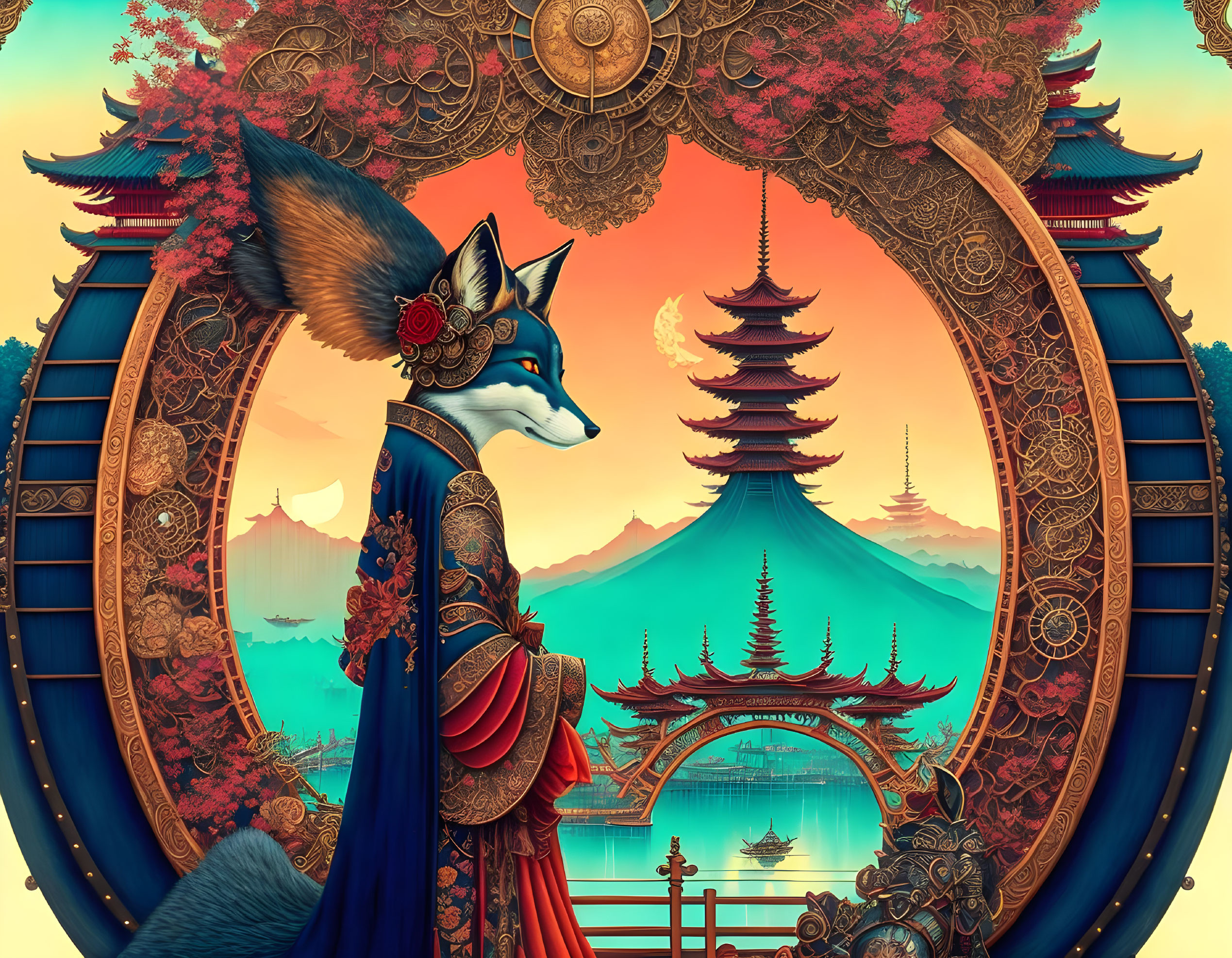 Anthropomorphic fox in traditional attire with pagoda and mountain backdrop