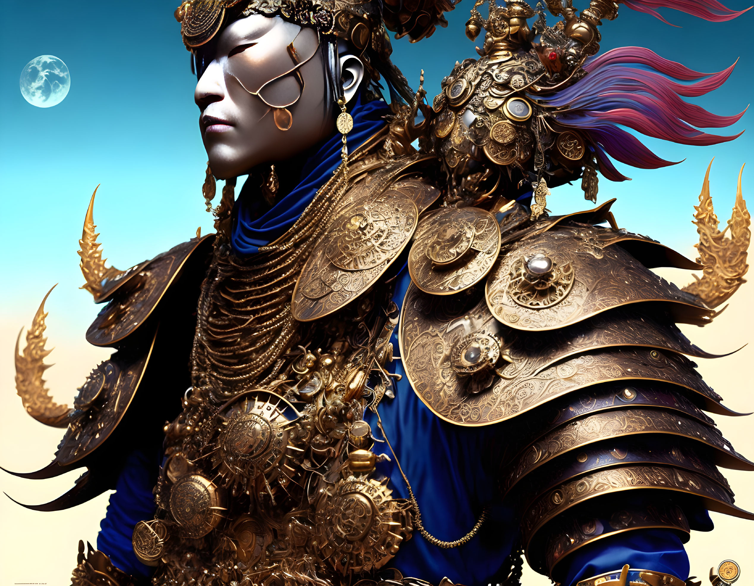 Detailed Warrior Artwork in Golden & Blue Armor with Red Plume