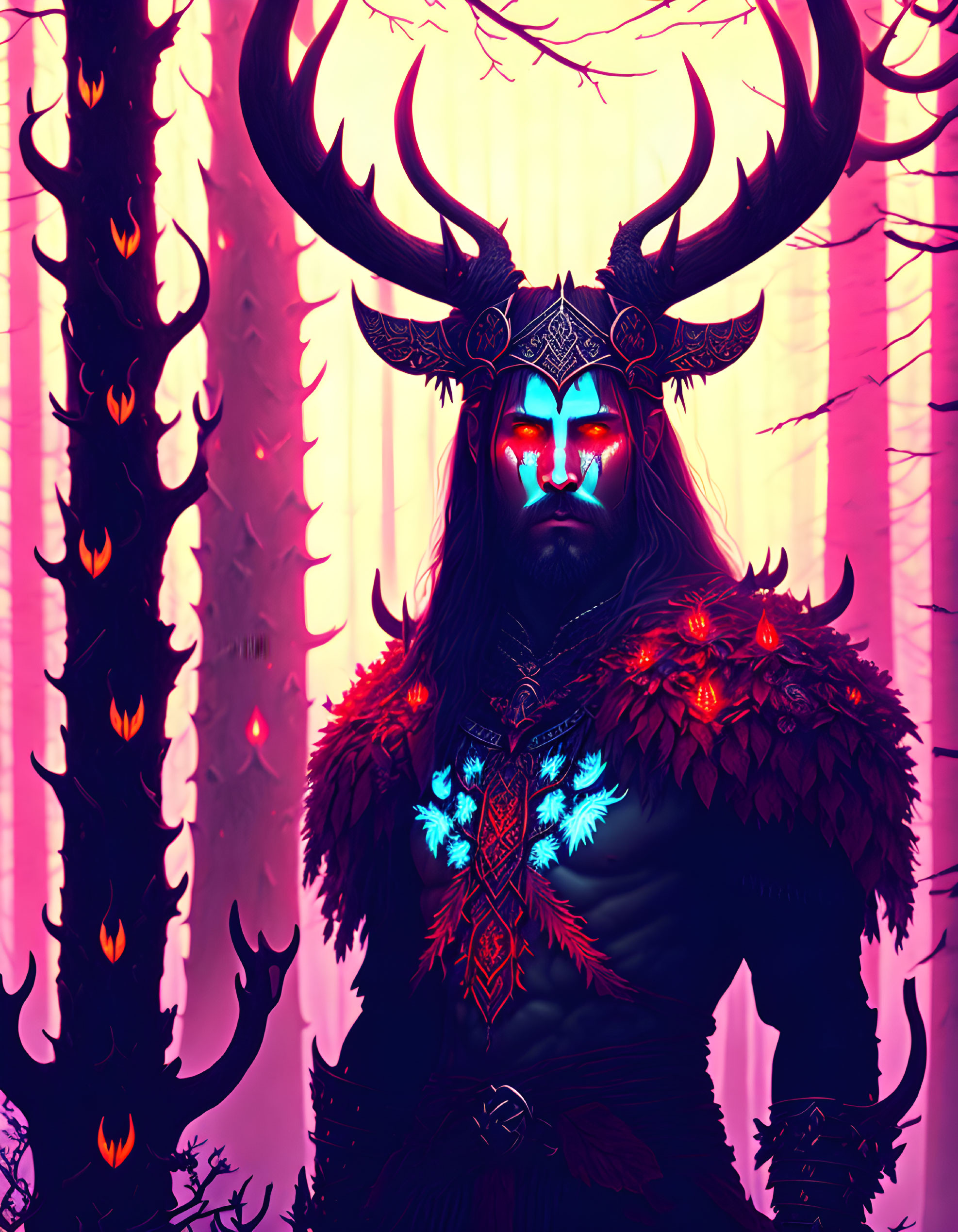 Mystic warrior with antlers and blue glowing eyes in pink forest