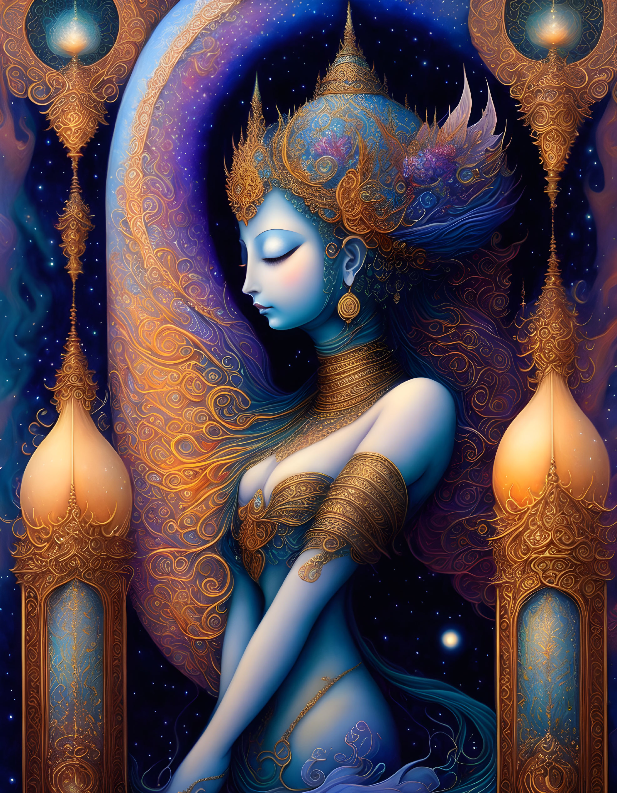 Blue-skinned female figure with golden headgear in cosmic setting