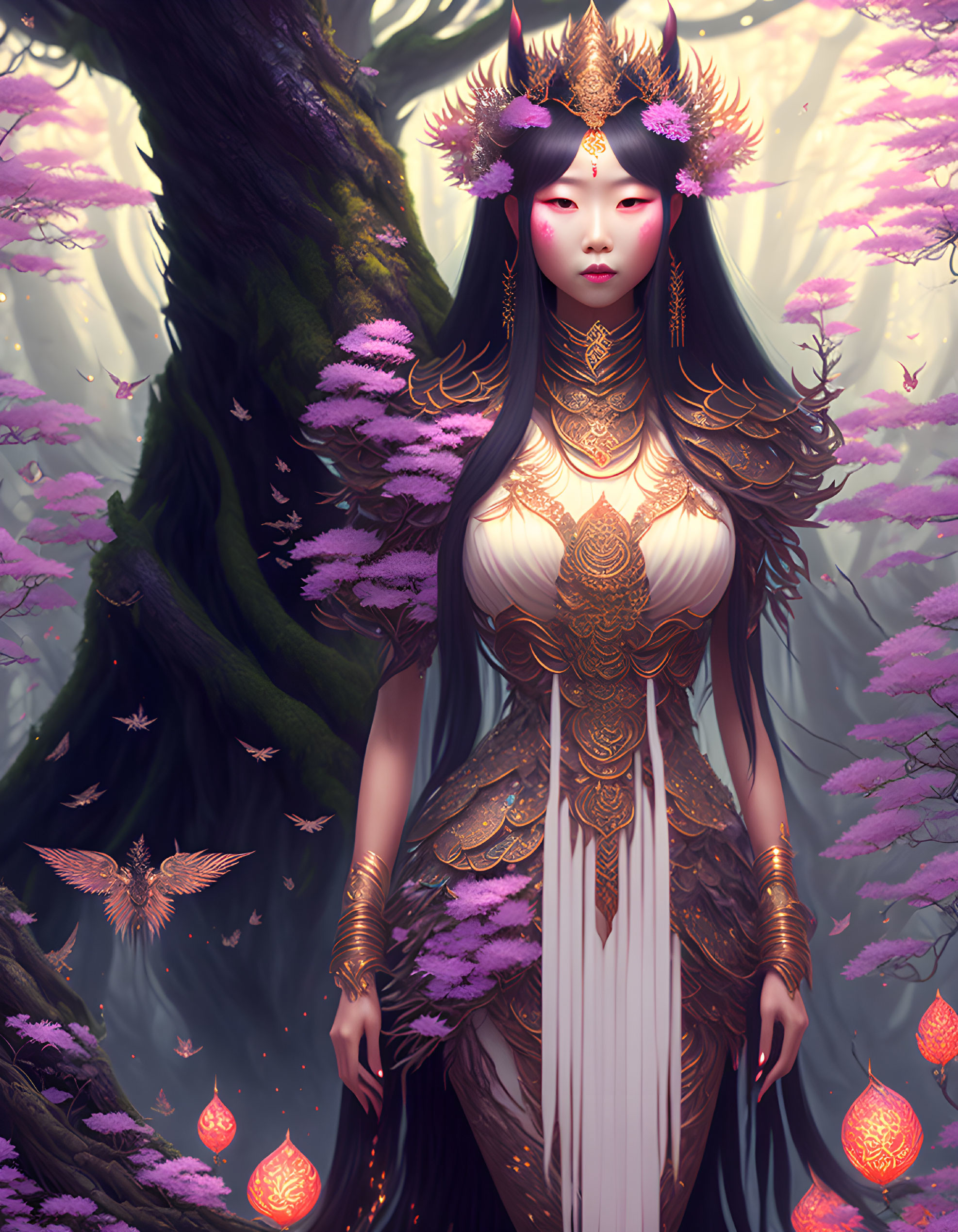 Mystical forest scene with elegant woman in golden armor and crown surrounded by lanterns and flying creatures