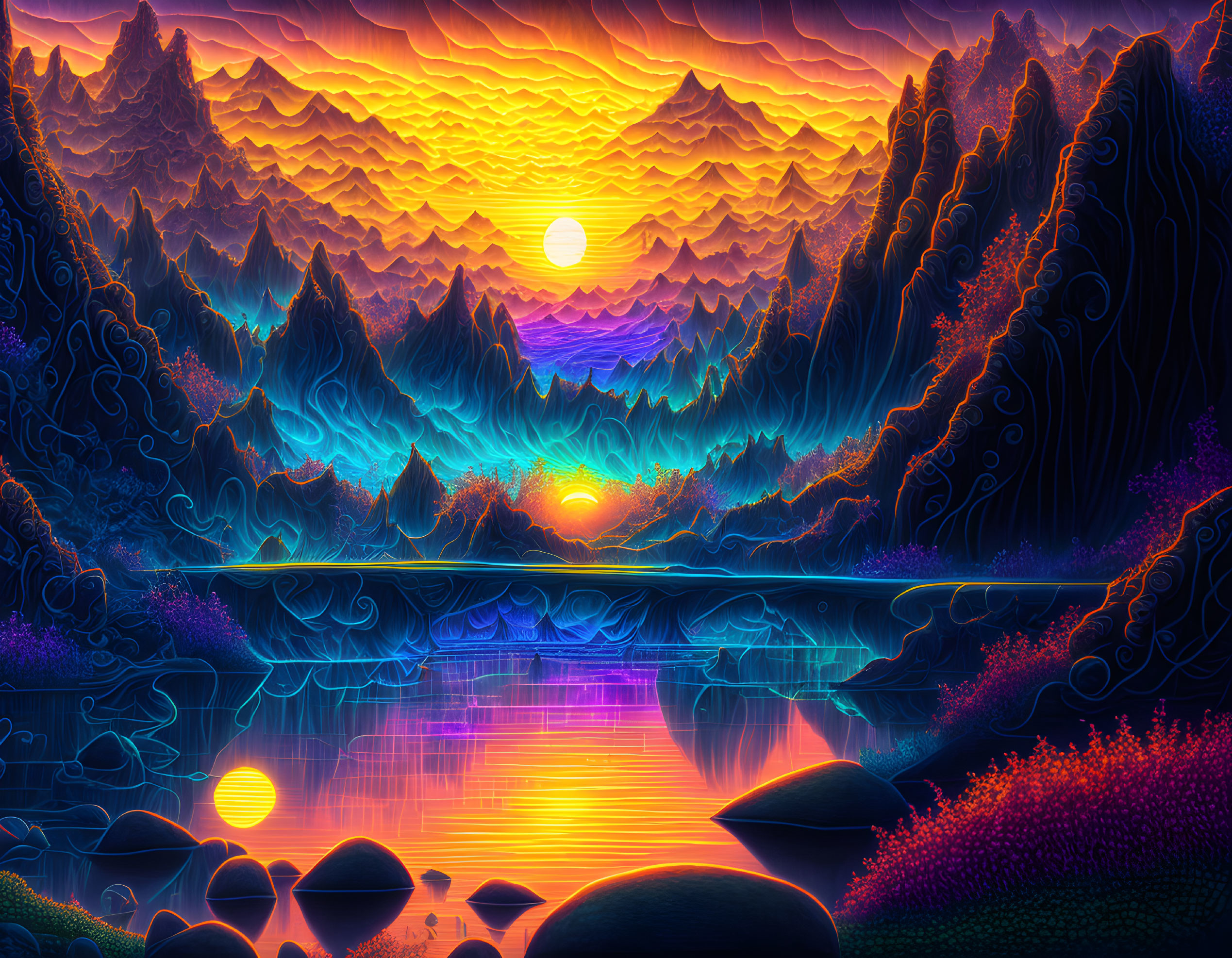 Digital artwork: Sunset over mystical mountain landscape with intricate details