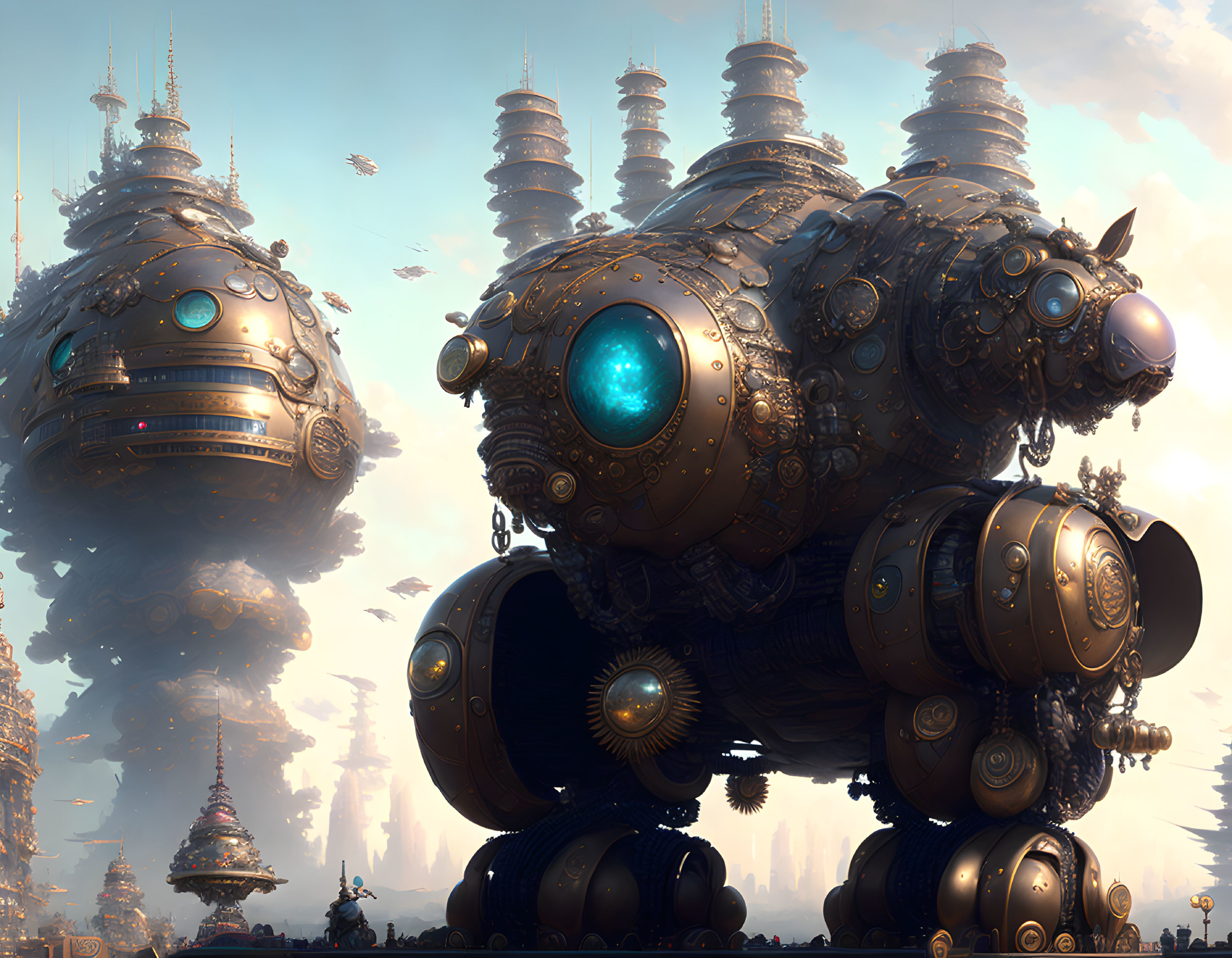 Detailed futuristic cityscape with towering structures and colossal mechanical creature.