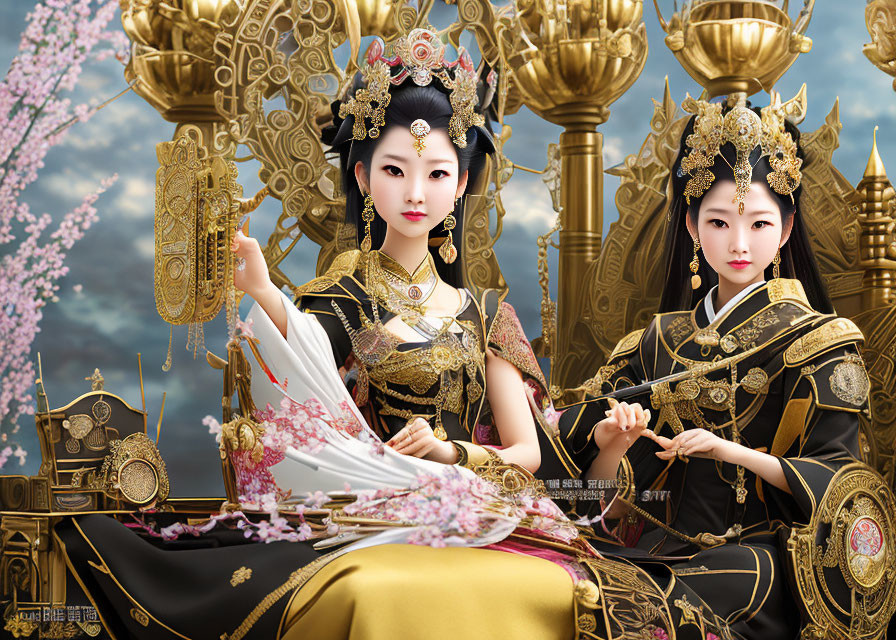 Two women in traditional Eastern attire with crowns and golden artifacts under a cherry blossom branch.