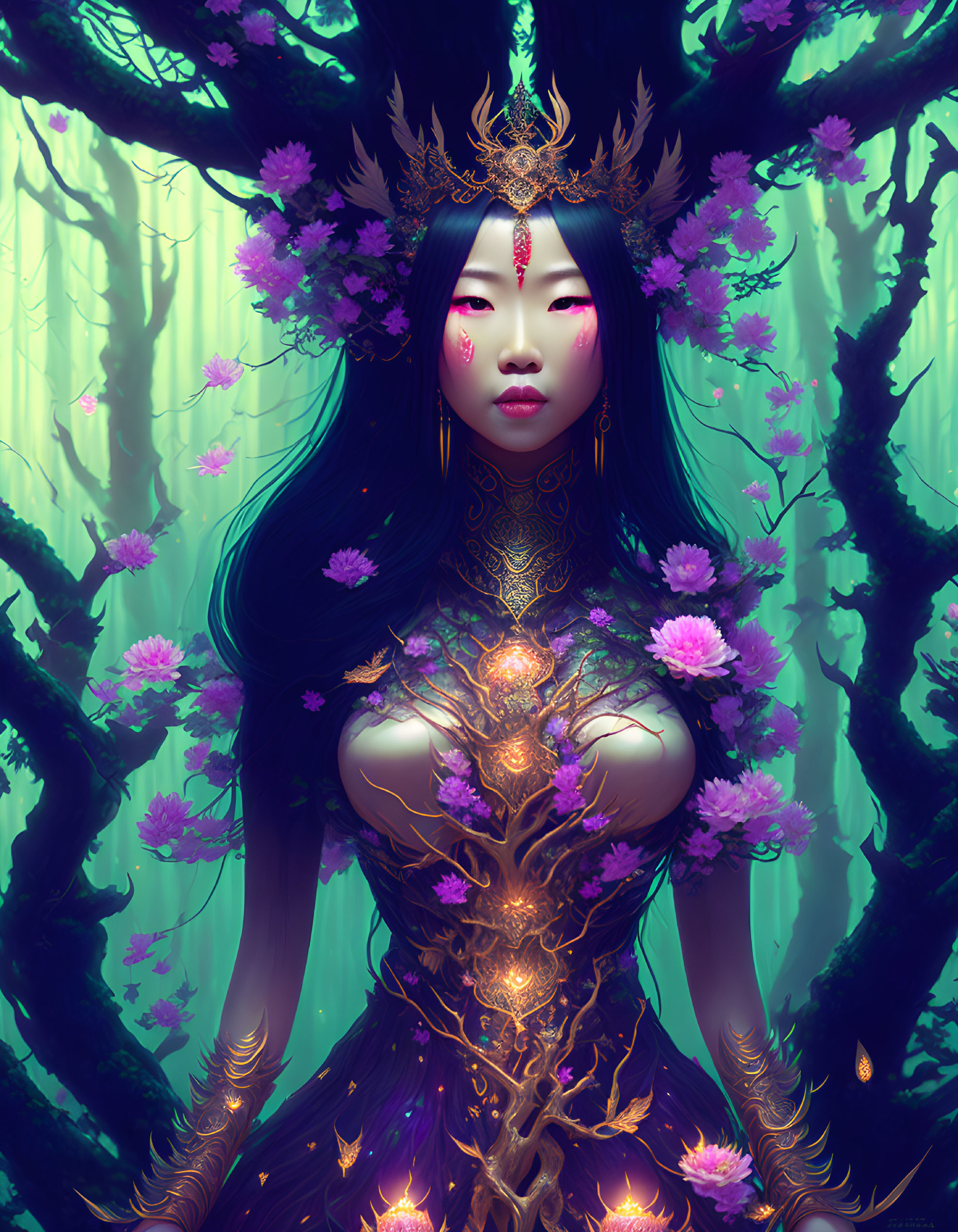 Illustrated female figure with floral antlers in mystical forest.