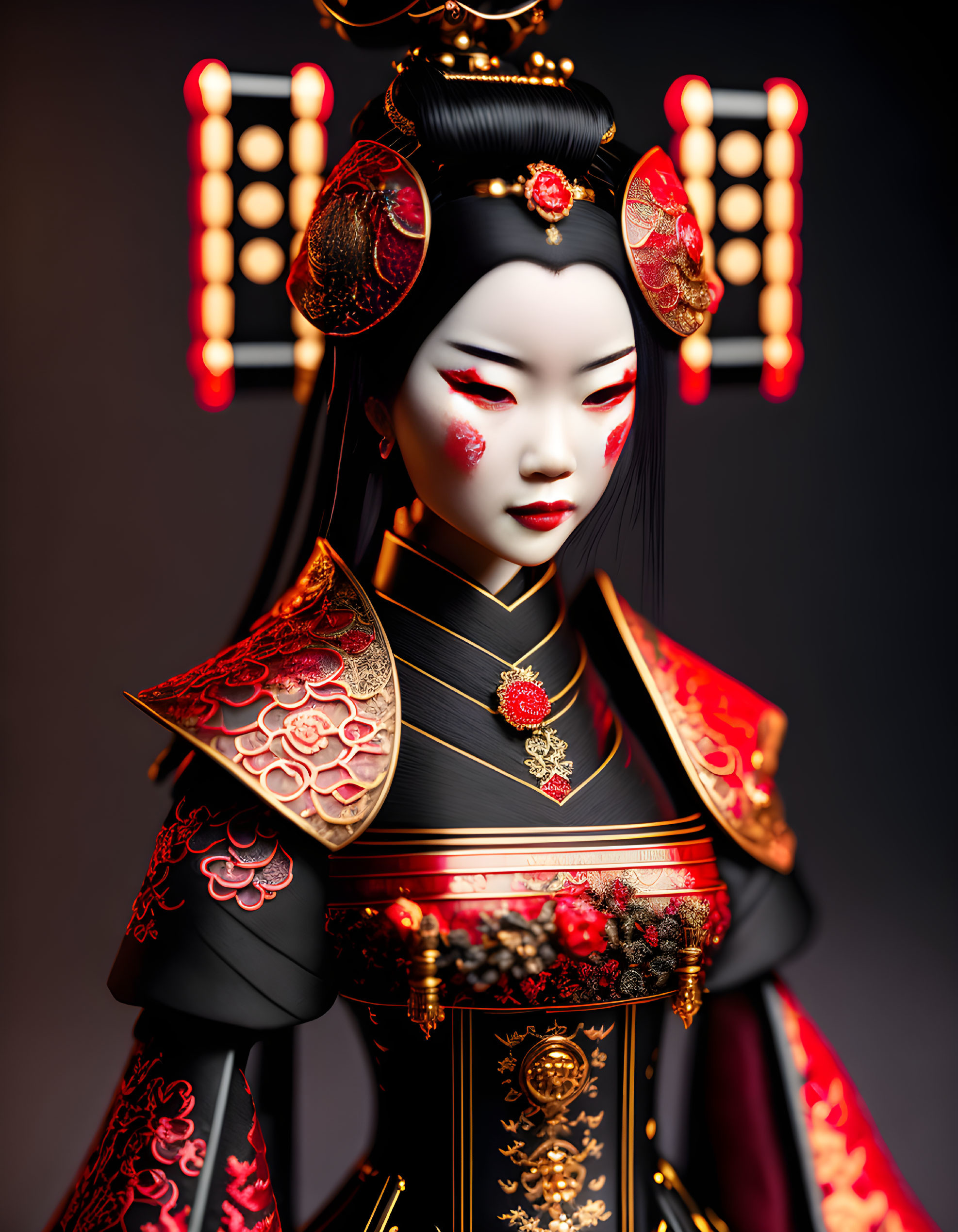 Illustrated character in traditional Asian armor with red and gold accents and striking makeup