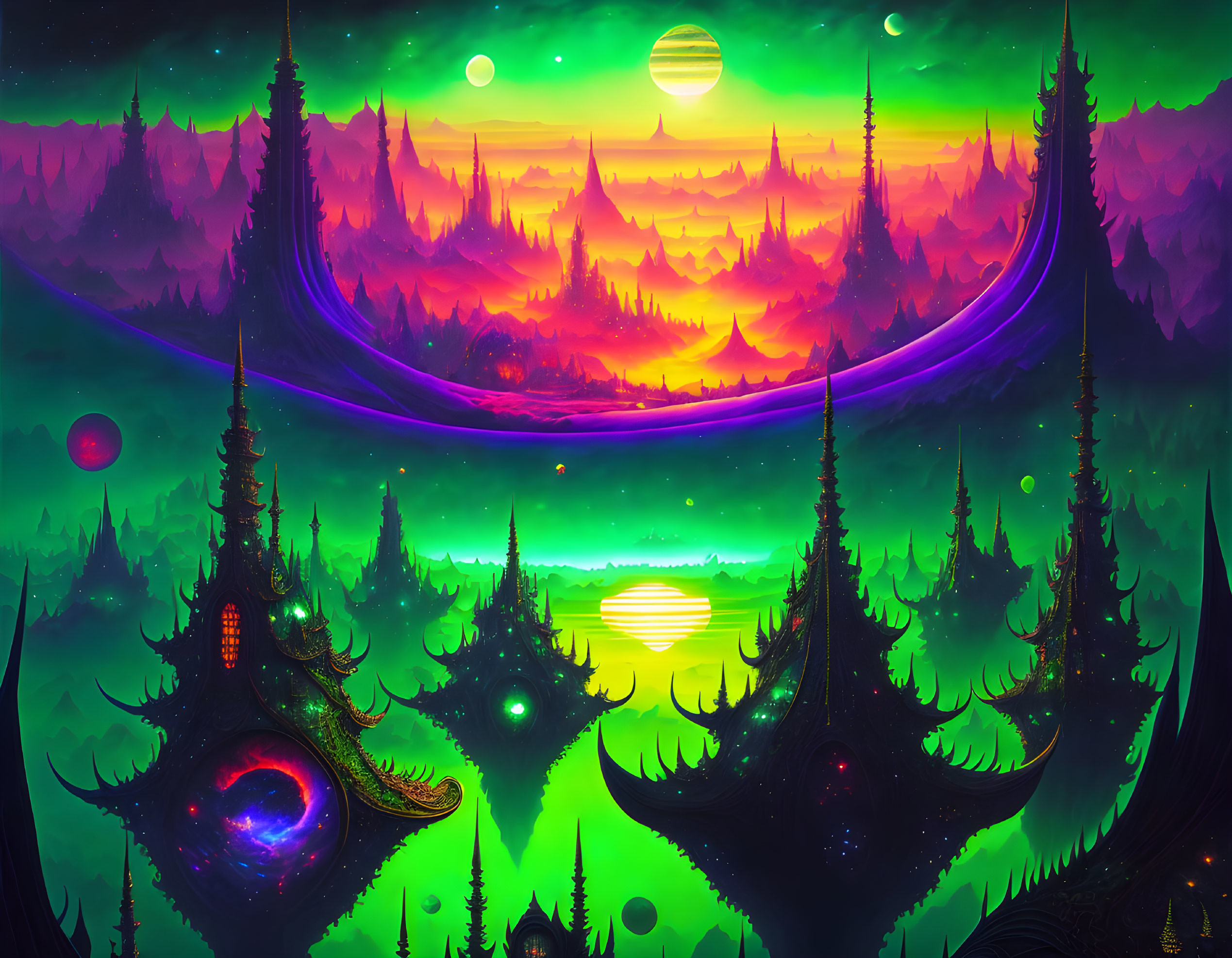 Alien landscape with glowing flora, aurora skies, and multiple moons