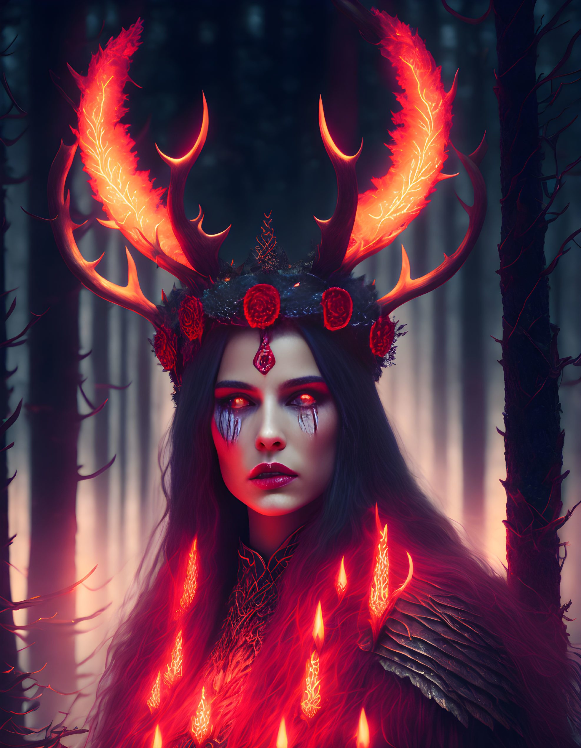 Mystical female figure with fiery antlers in red floral crown amid dark forest