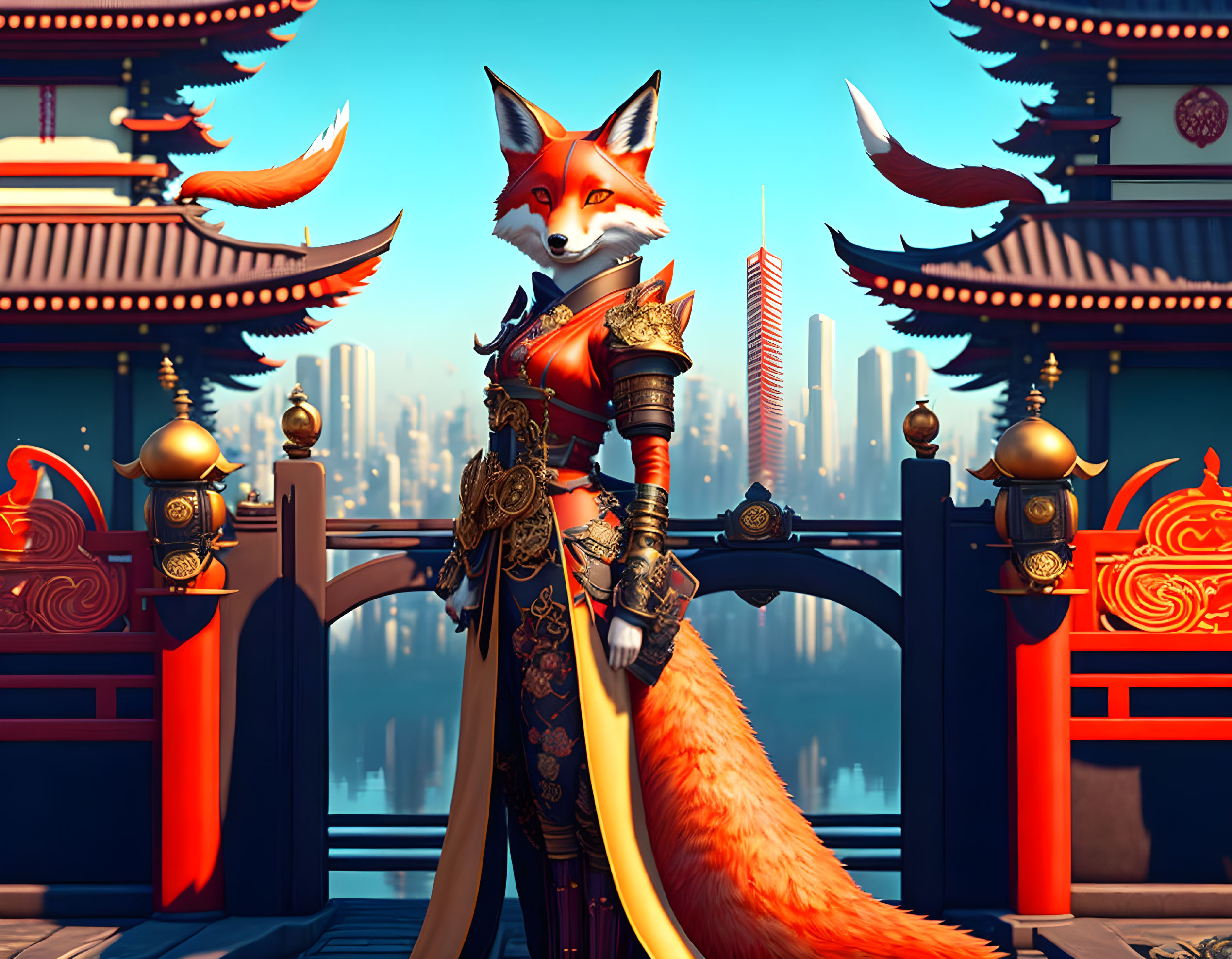 Anthropomorphic fox in traditional armor on bridge with ancient-meets-modern cityscape.