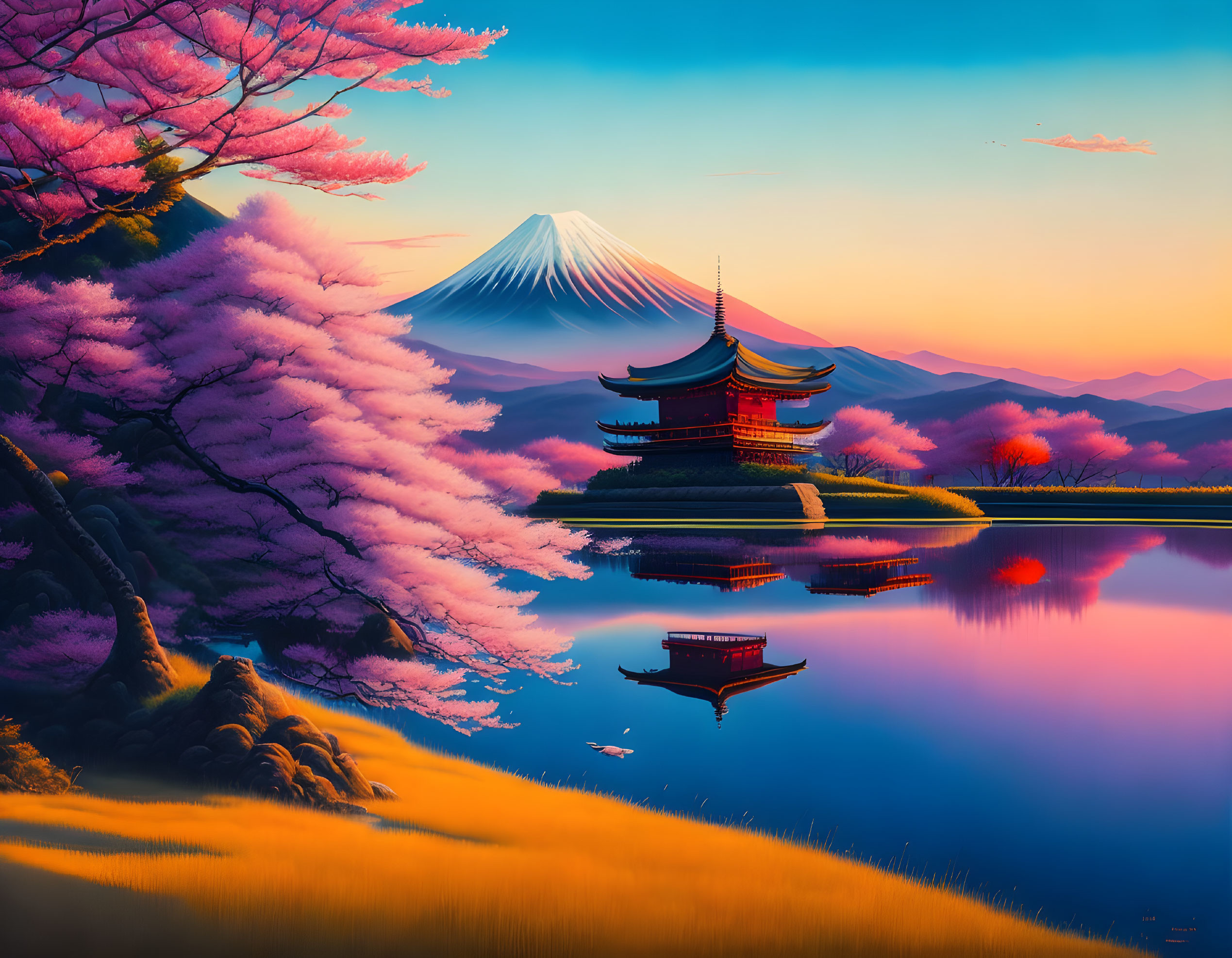 Tranquil red pagoda, cherry blossoms, Mount Fuji, lake at sunset