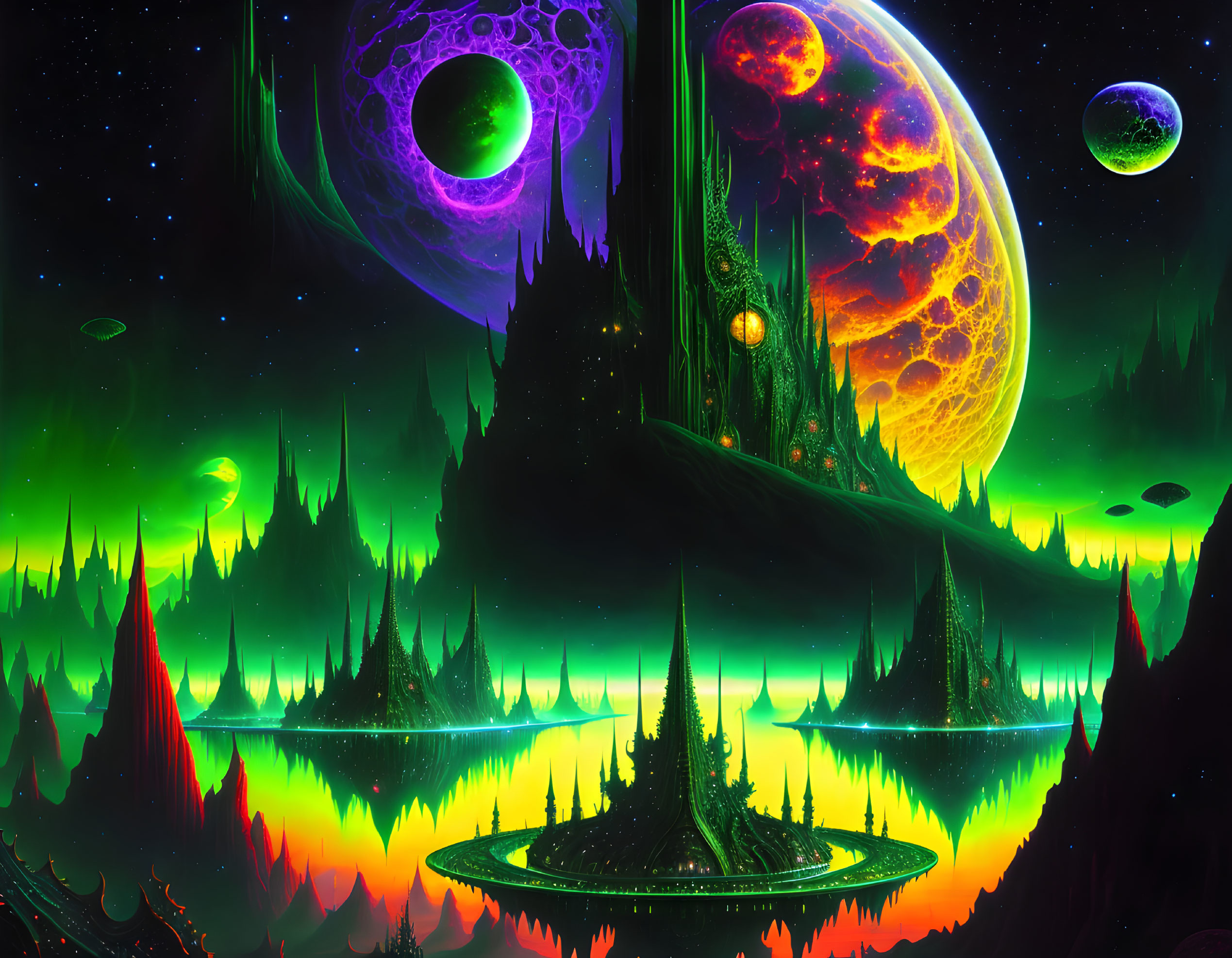 Colorful sci-fi landscape with celestial bodies and lake reflections