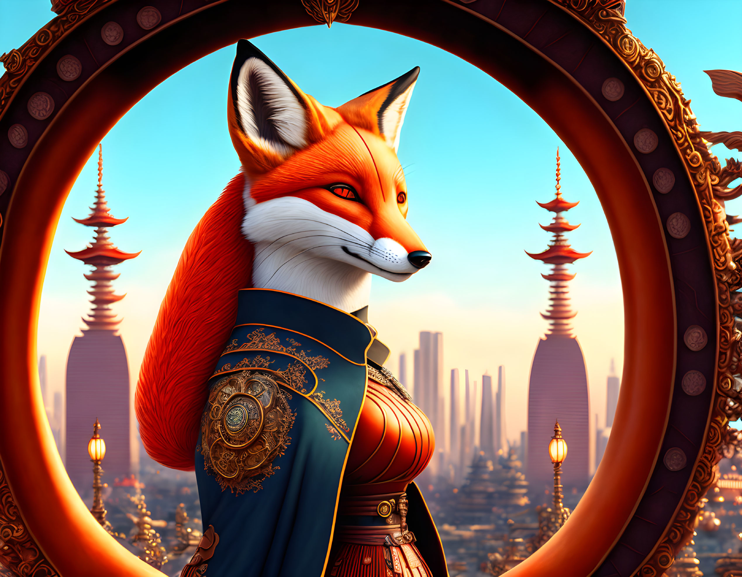 Anthropomorphic fox in traditional attire with Asian cityscape background