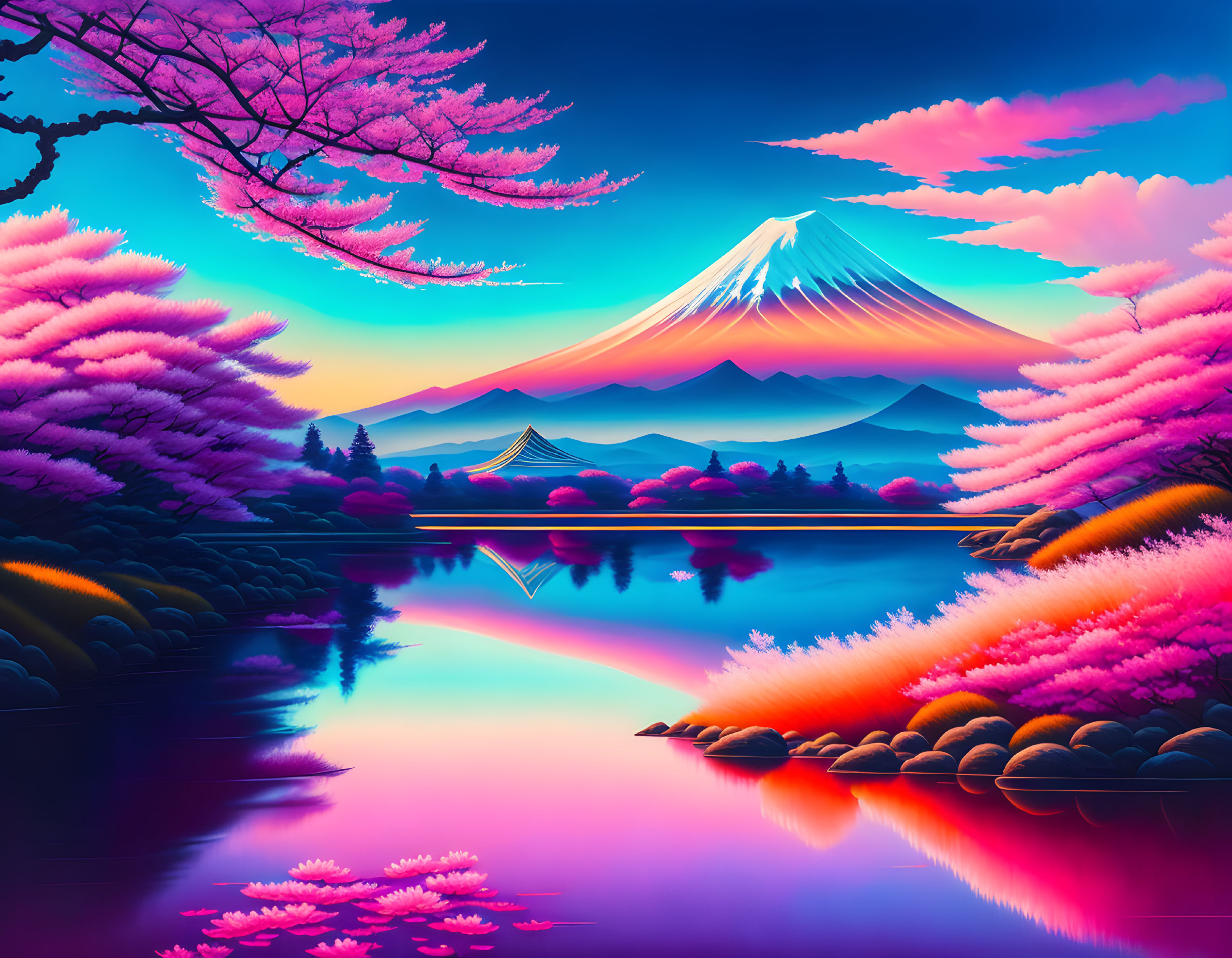 Scenic digital artwork: Mount Fuji, cherry blossoms, lake, dusk sky