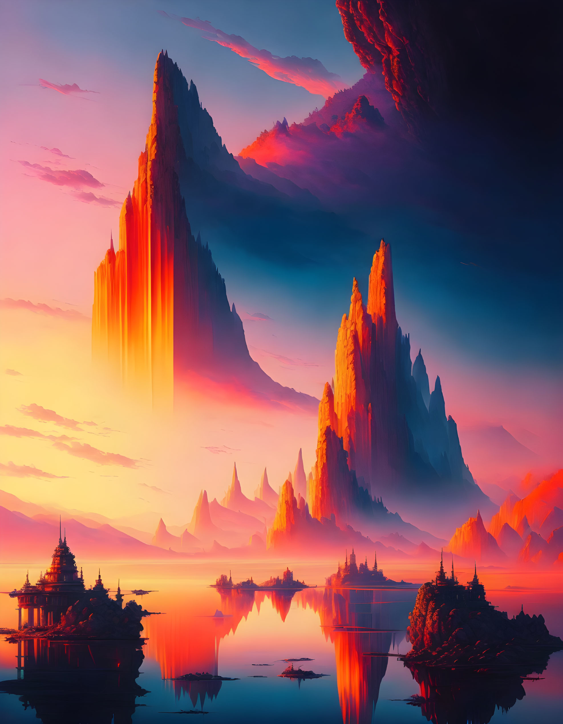 Fantastical sunset landscape with rock formations, lake, and traditional architecture.