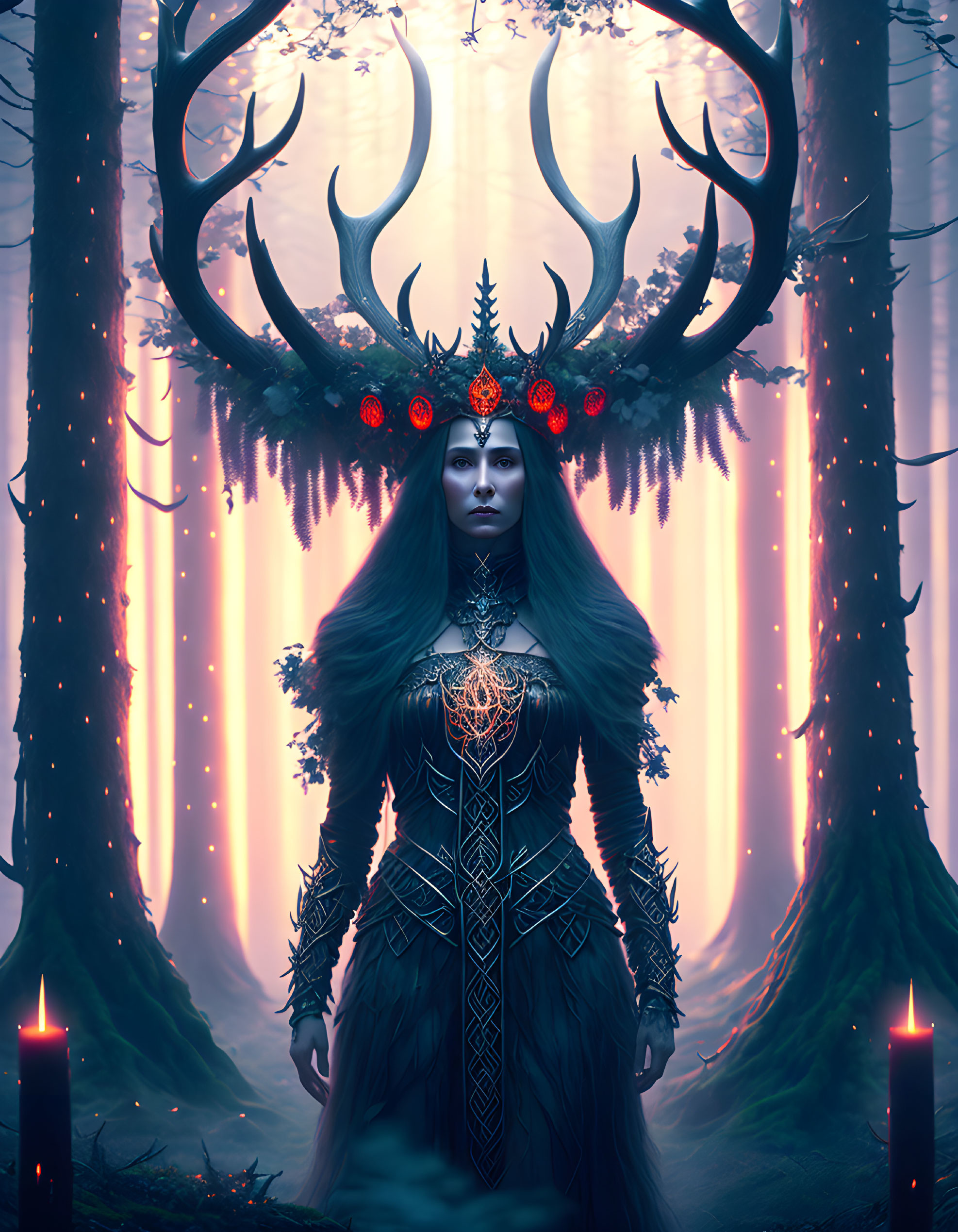 Enigmatic woman with antlers in mystical forest