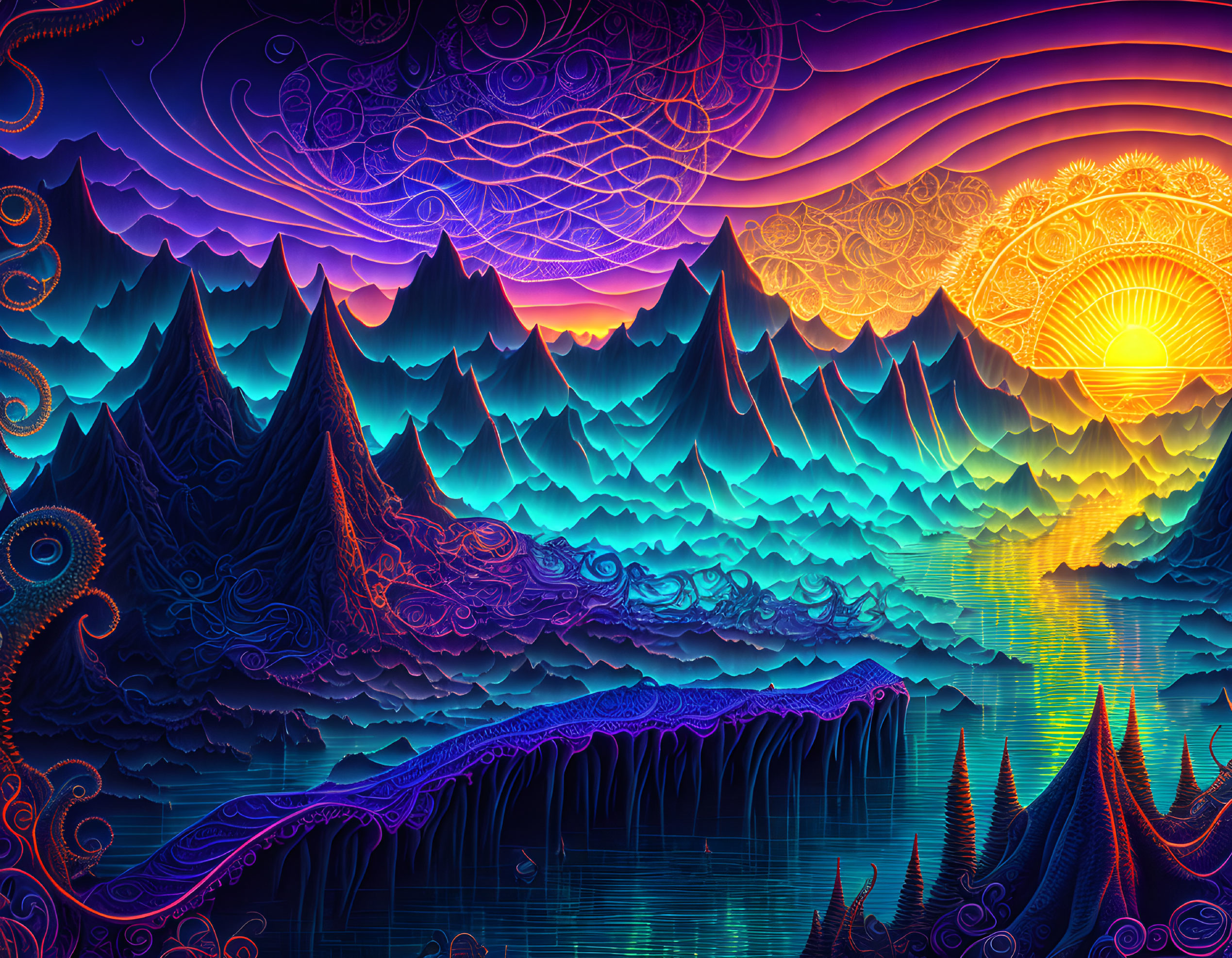 Psychedelic landscape with fractal mountains and radiant sun