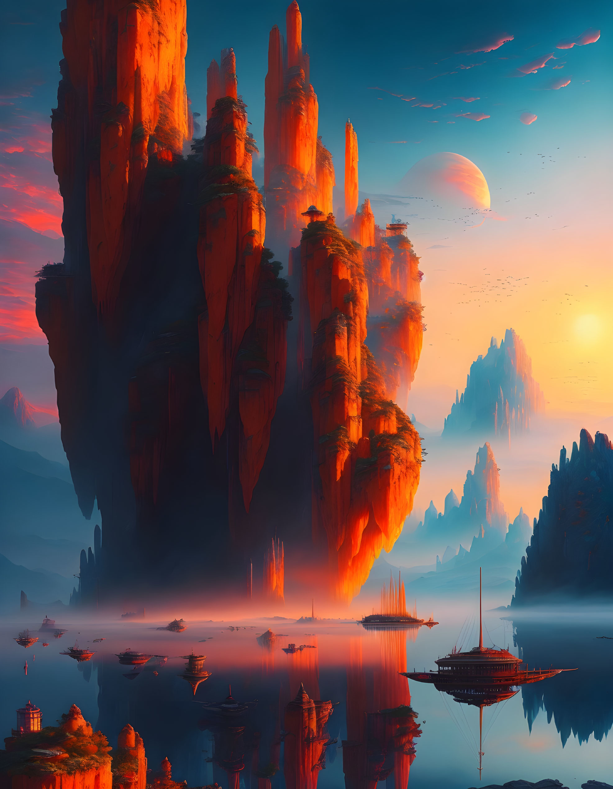 Majestic red rock formations in serene waters at sunset