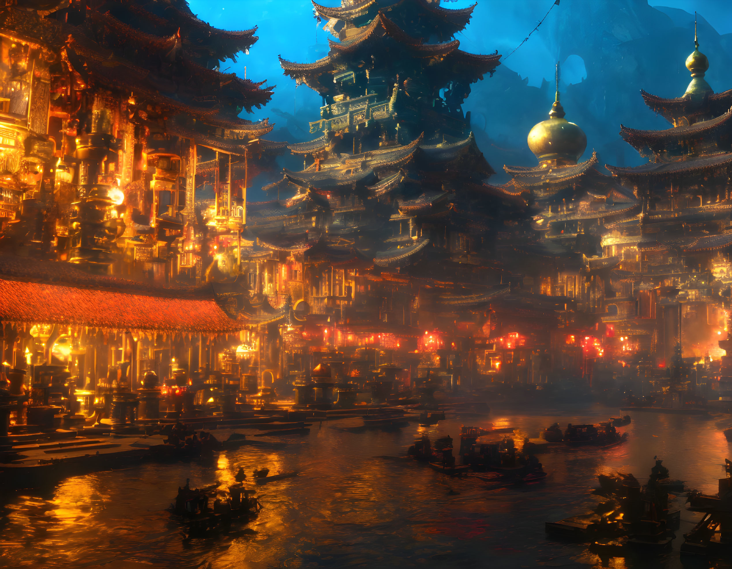 Traditional Asian waterfront town at night with pagodas, boats, and lanterns