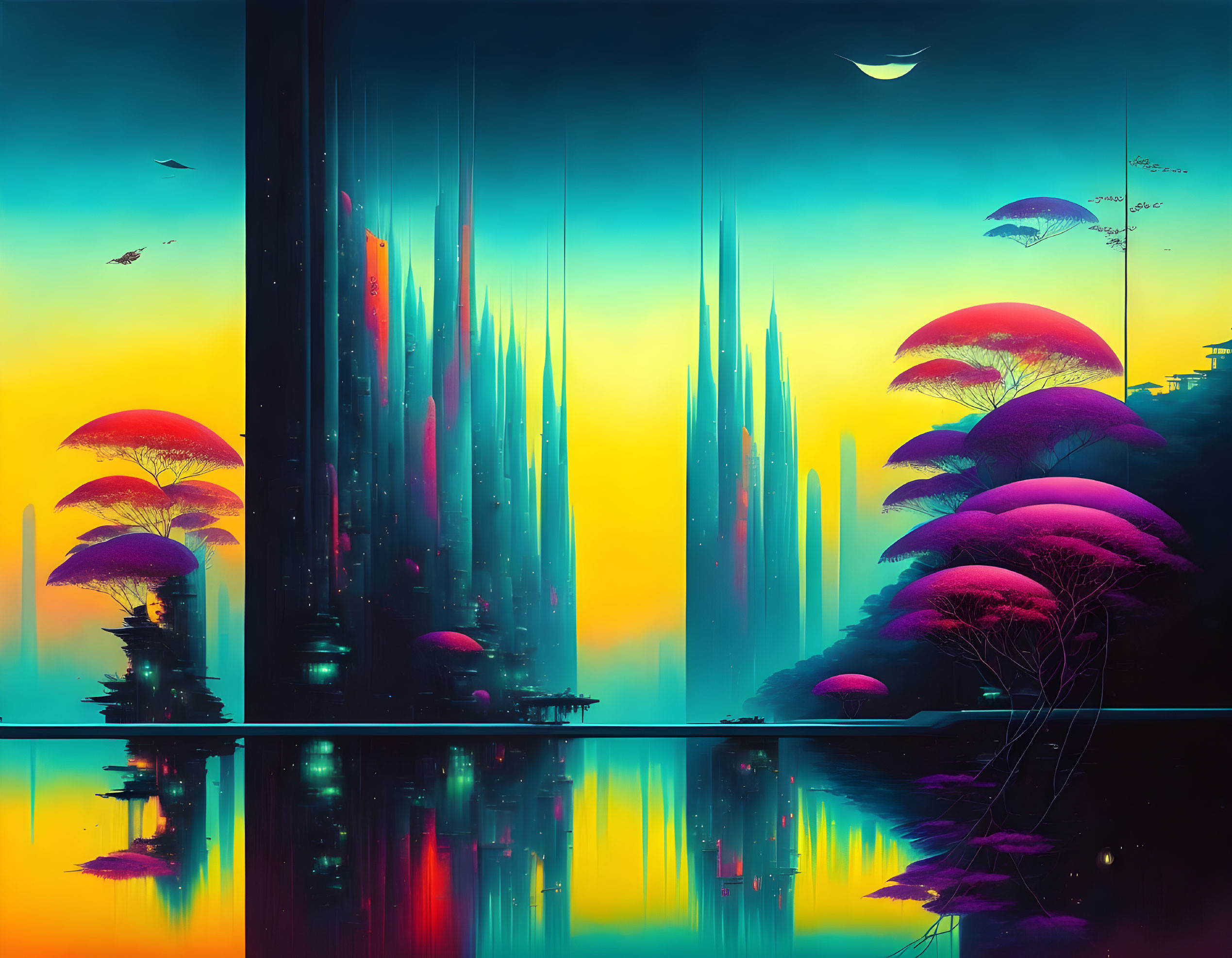 Neon-colored futuristic cityscape reflected in water at dusk