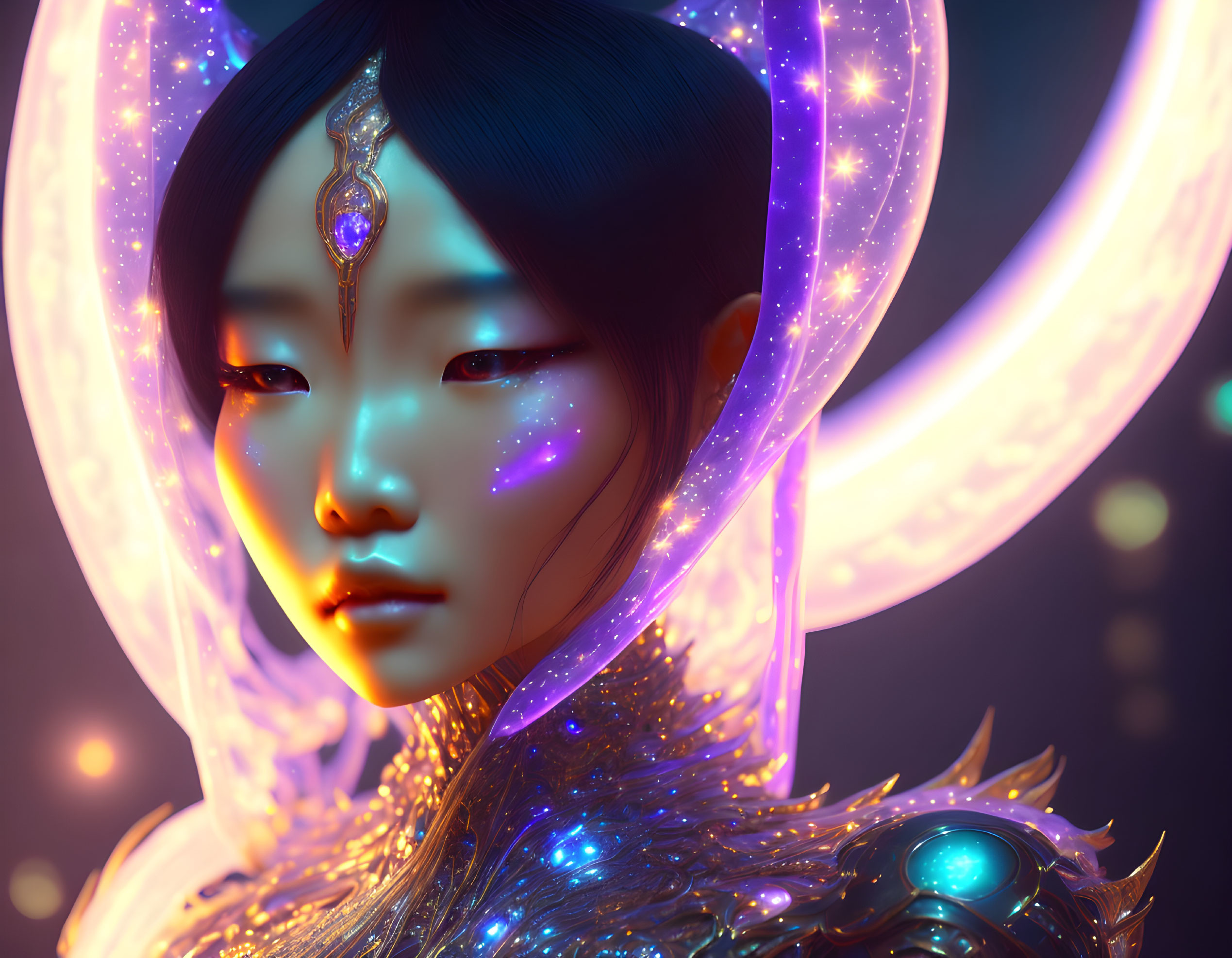 Fantasy female character with glowing blue adornments in dark, starry setting