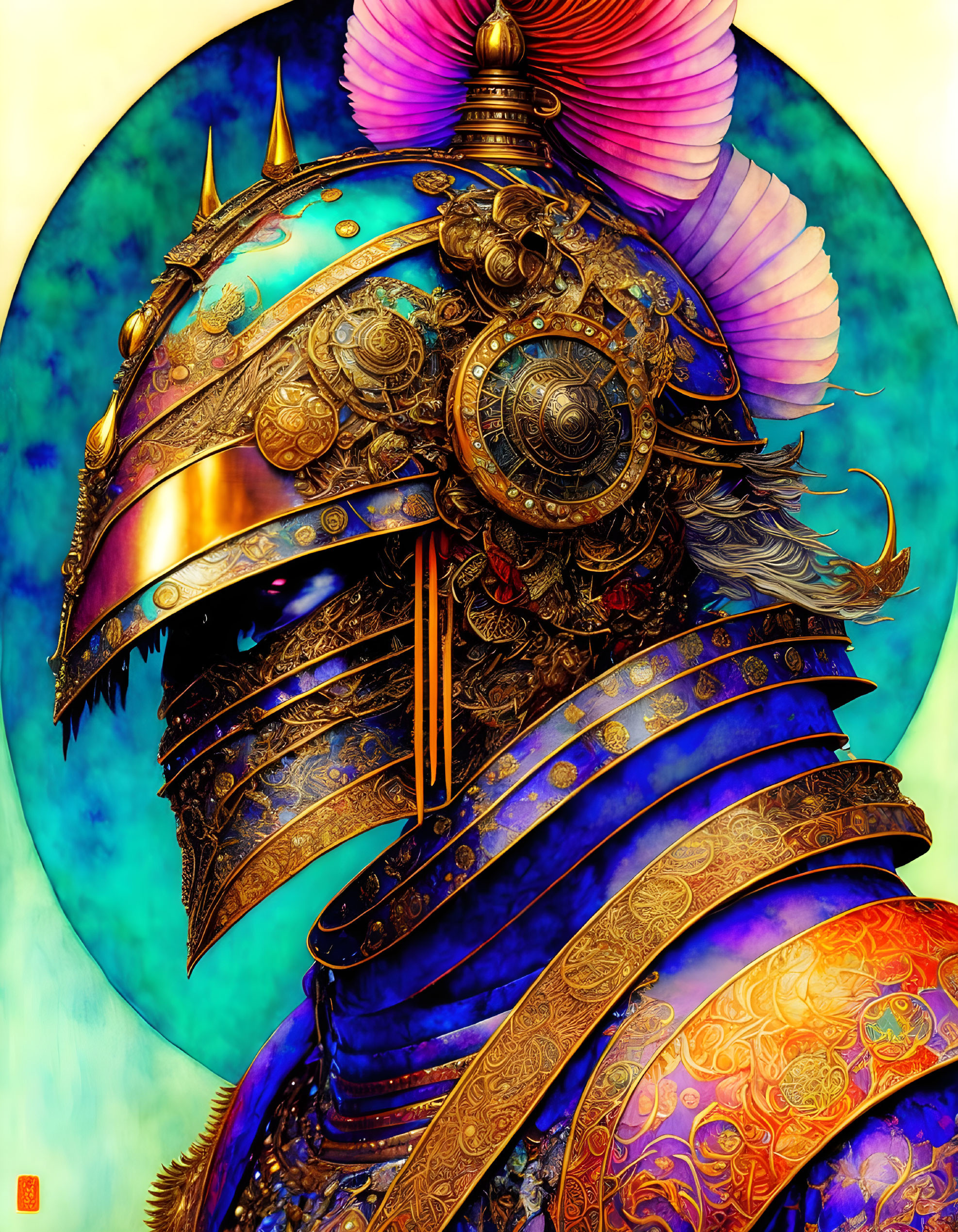 Detailed steampunk samurai illustration in vibrant blues and golds