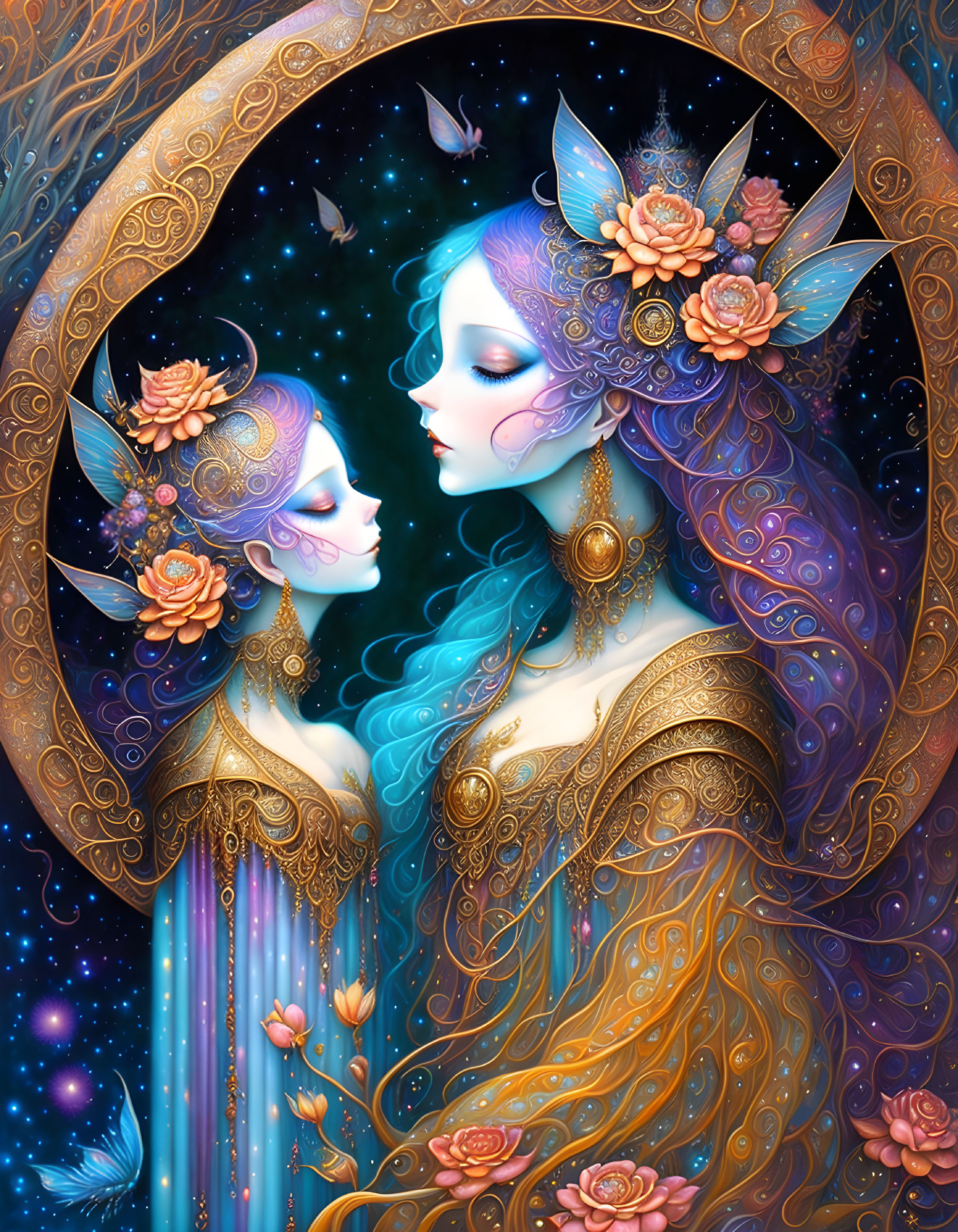 Ethereal beings with elaborate hairstyles and ornate clothing in celestial setting