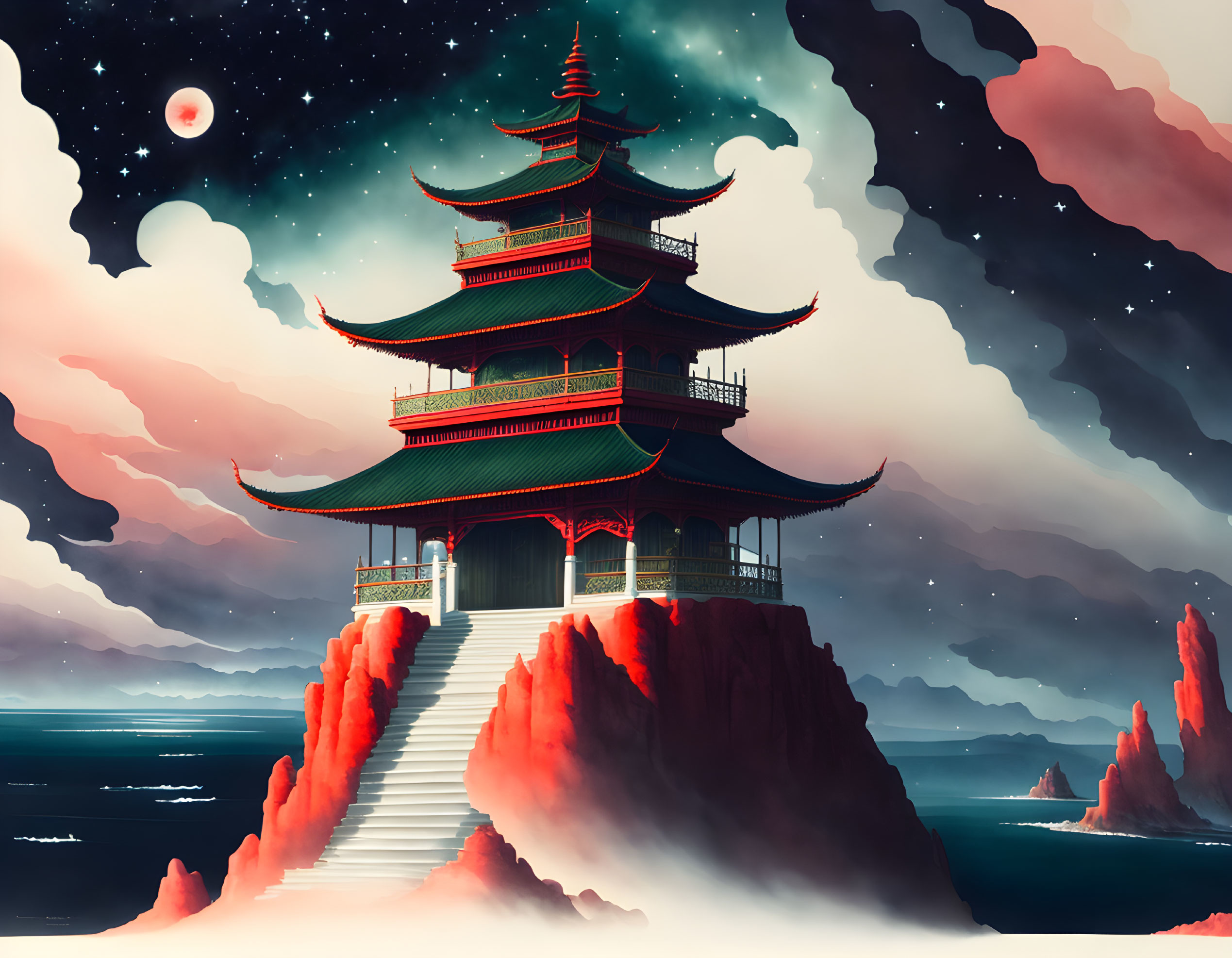 Traditional Asian Pagoda on Cliff with Red and Black Sky above Sea