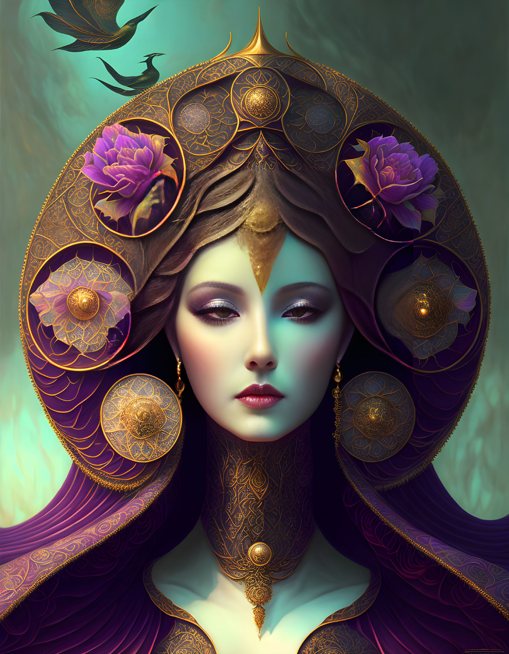 Illustration of Woman with Ornate Headdress and Purple Tones