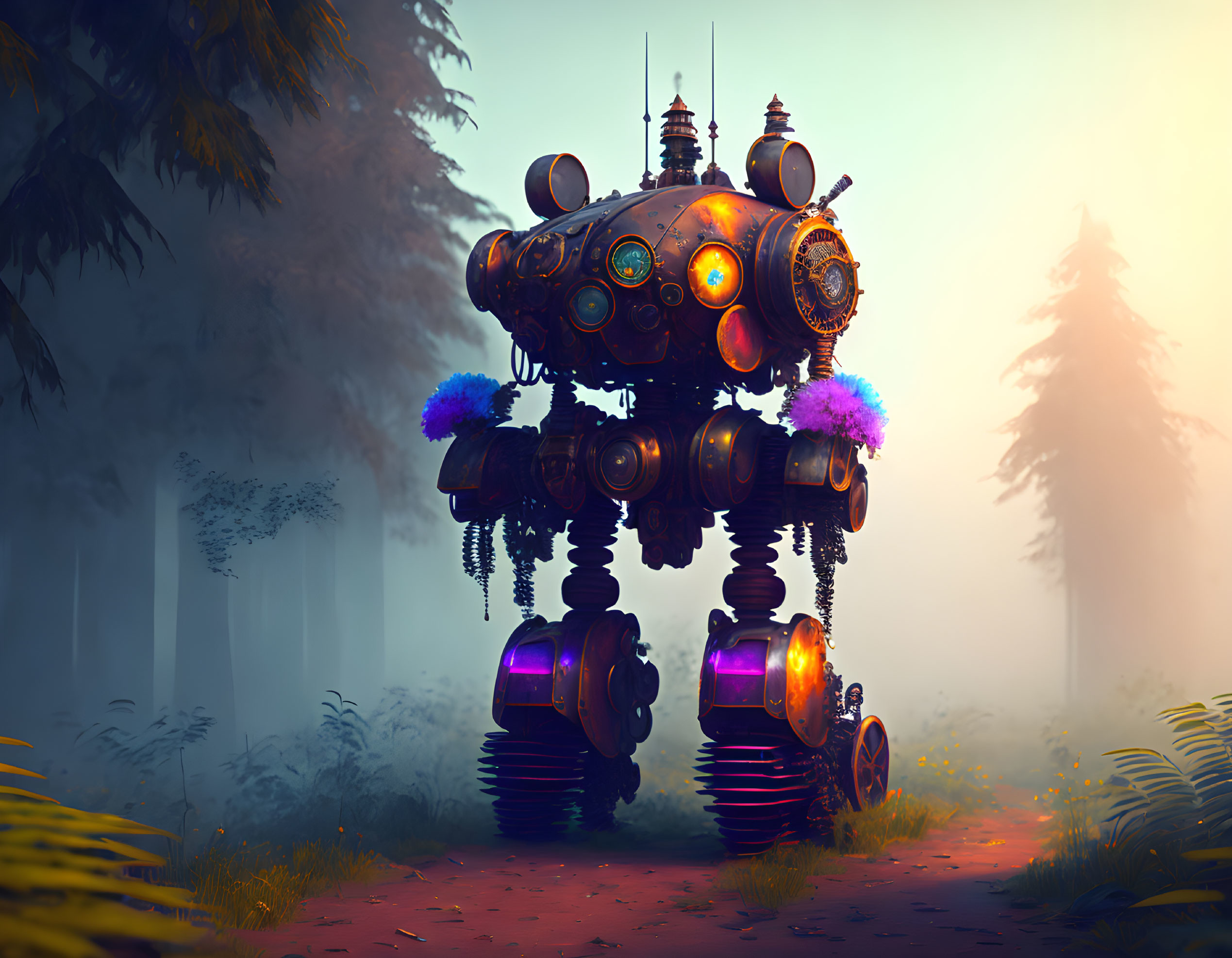 Whimsical robot with antennas in misty forest at dawn or dusk