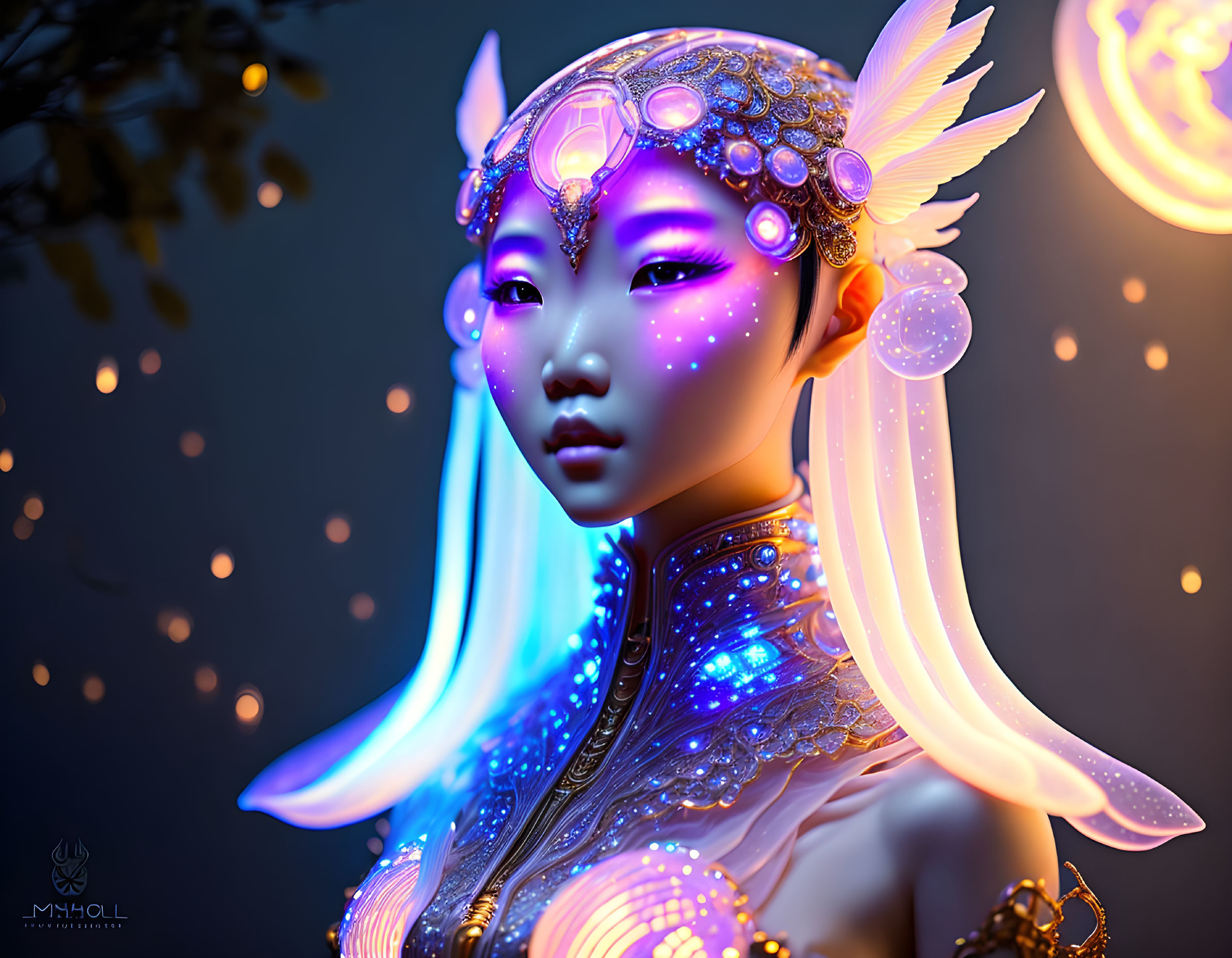 Ethereal female figure with glowing blue accents and feather-like adornments against shadowy backdrop.