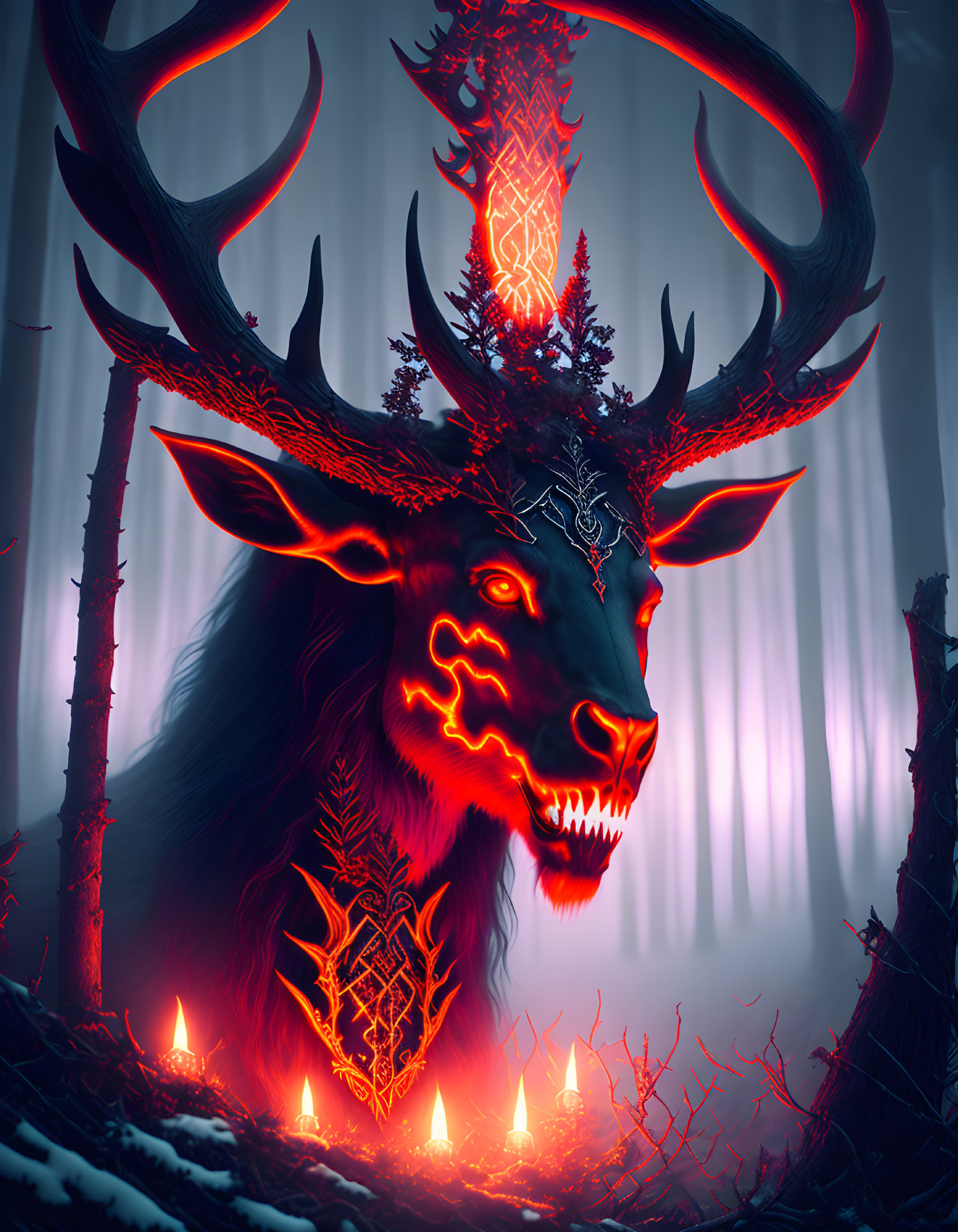 Mystical glowing red stag in misty forest with candlelight