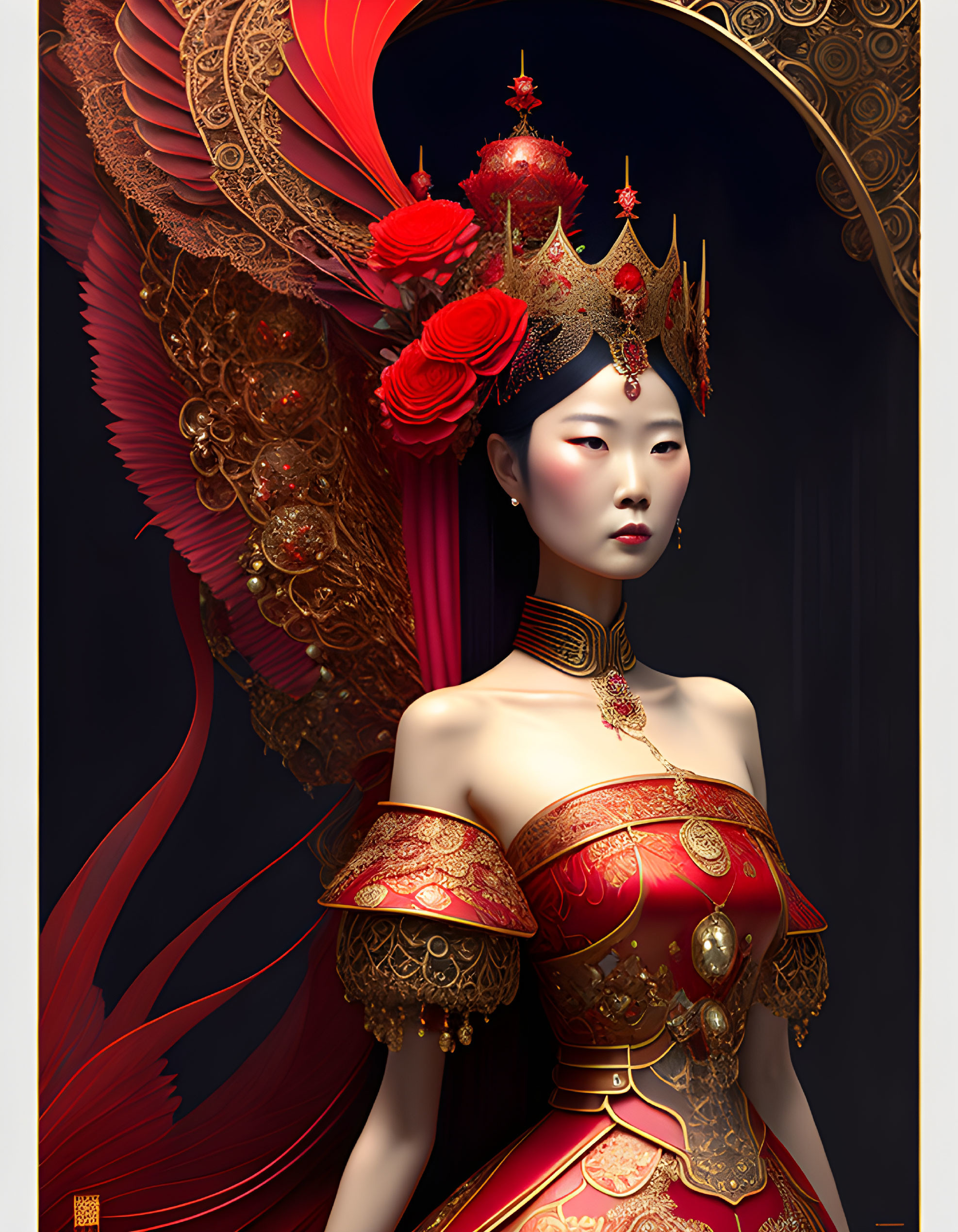 Asian woman in regal red and gold gown with ornate crown and floral patterns