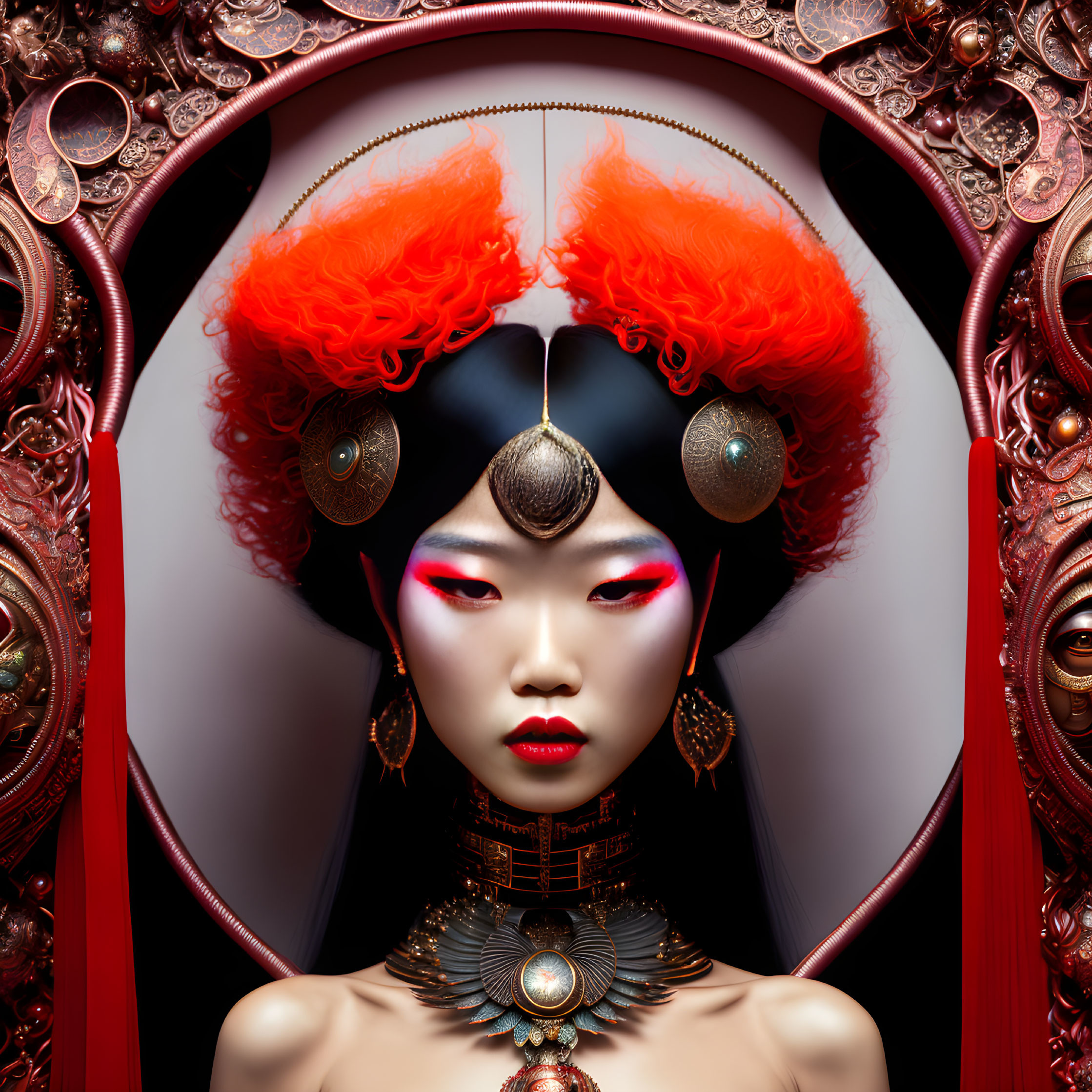 Vibrant red hair woman with elaborate headdress and jewelry.