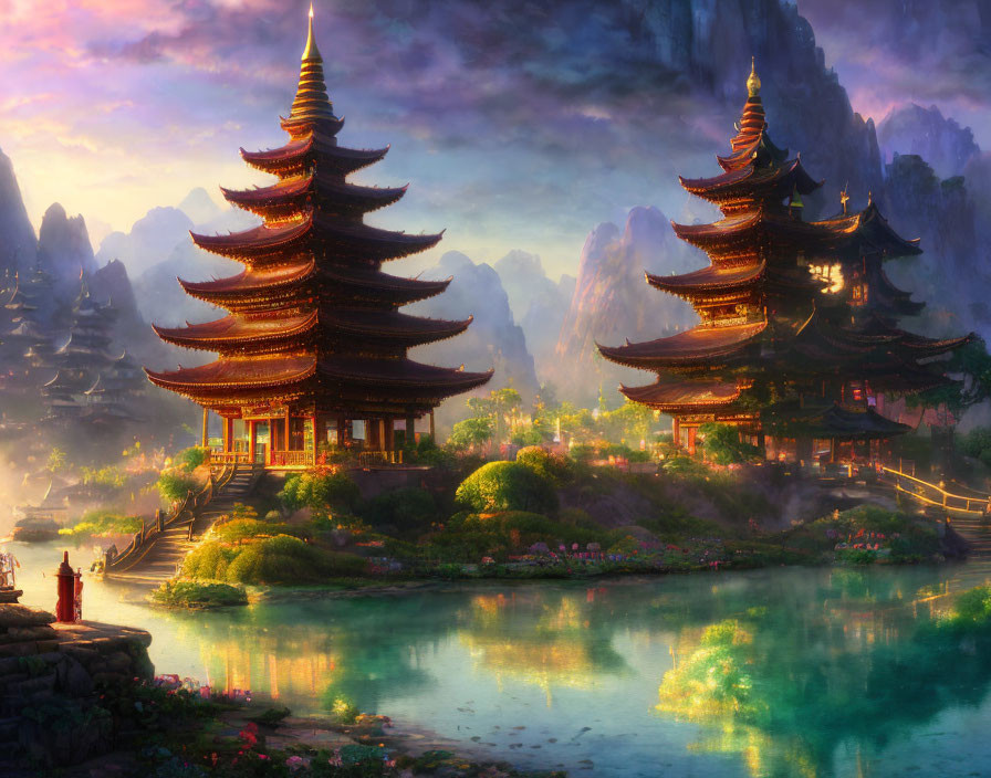 Tranquil sunset landscape with pagodas, mountains, and lake