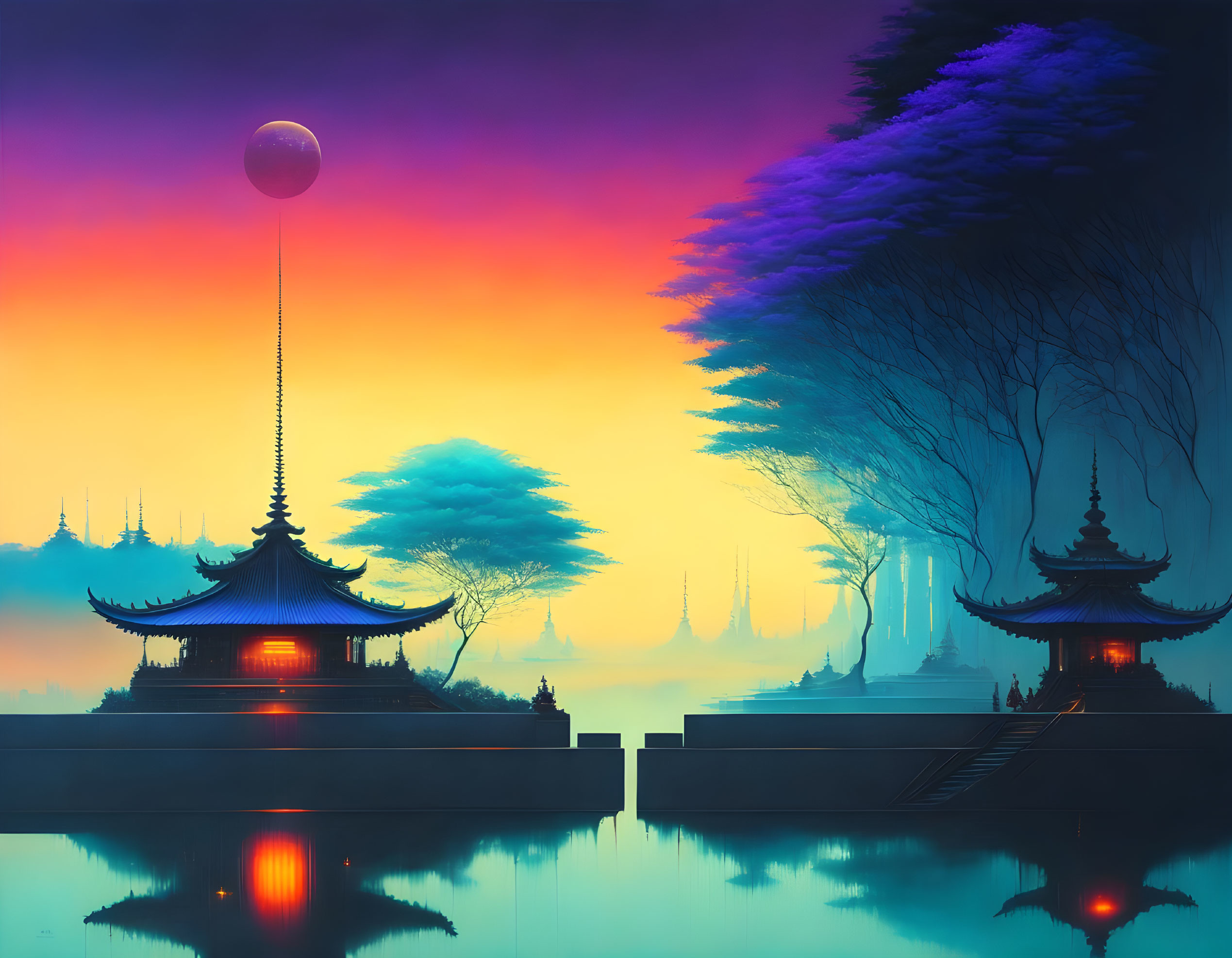 Tranquil Asian landscape with pagodas, lake, twilight sky, and moon